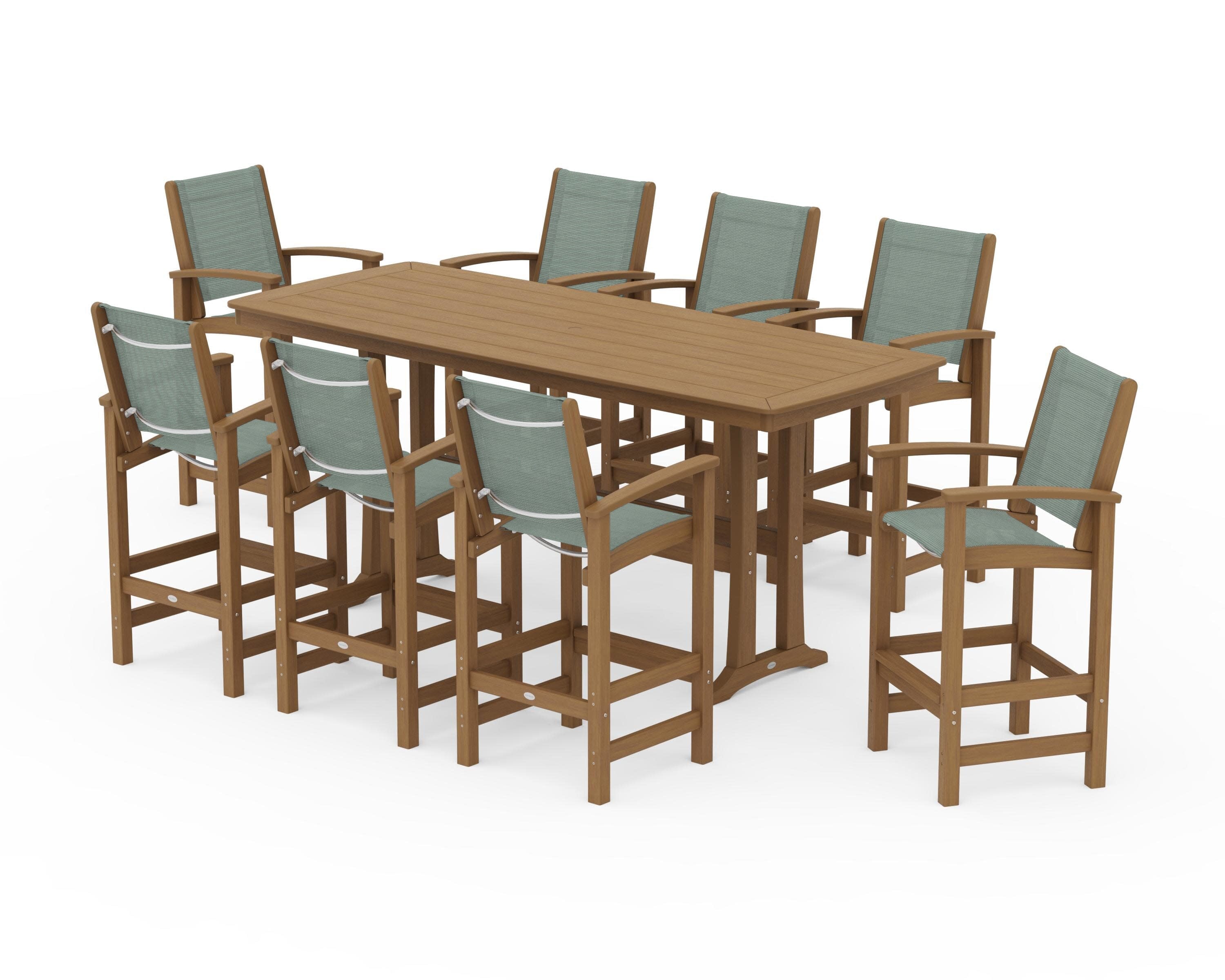 Coastal 9-Piece Bar Set with Trestle Legs in Natural / Dupioni Sea Mist Sling