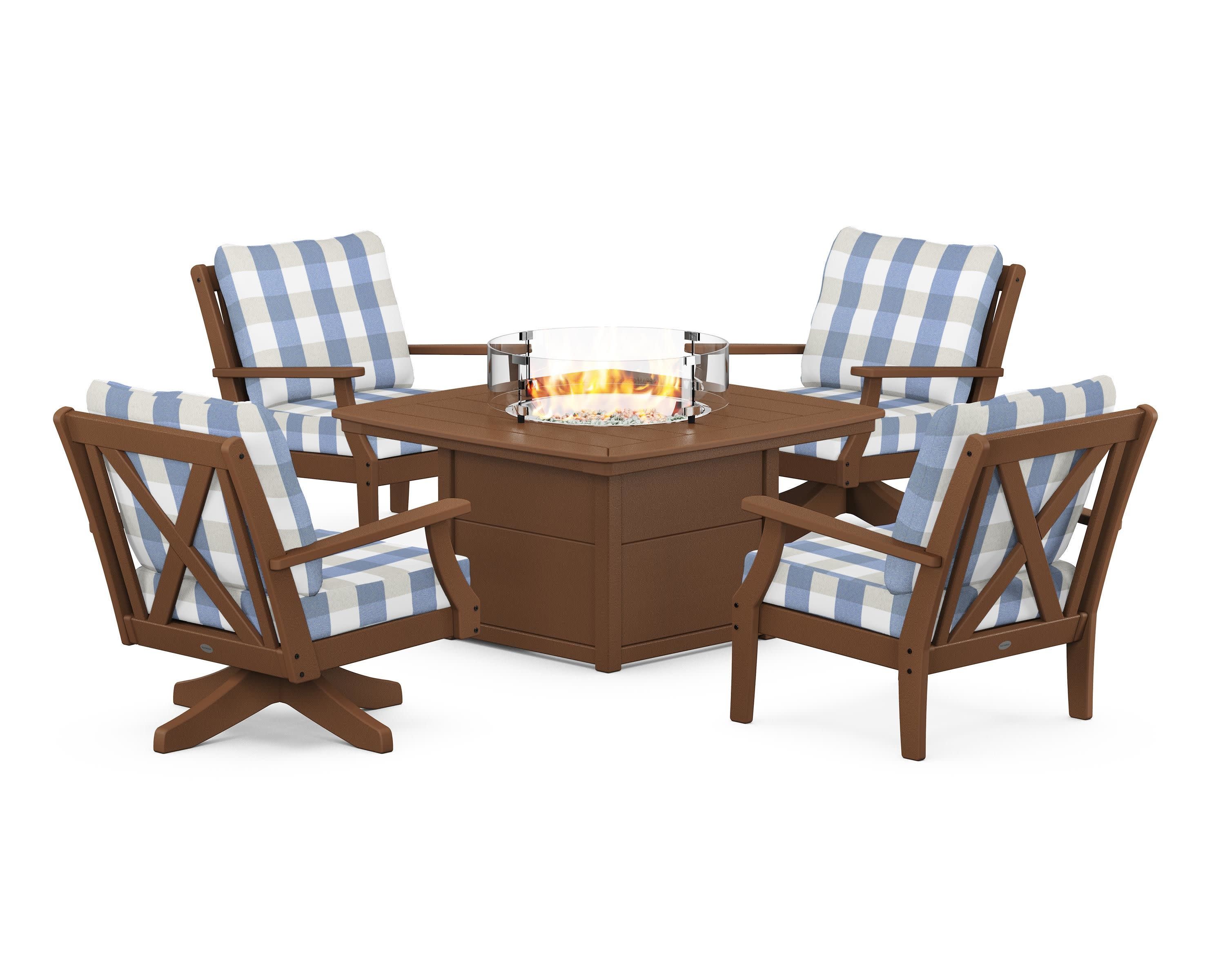 Braxton 5-Piece Deep Seating Set with Fire Table in Teak / Buffalo Plaid Sky Blue