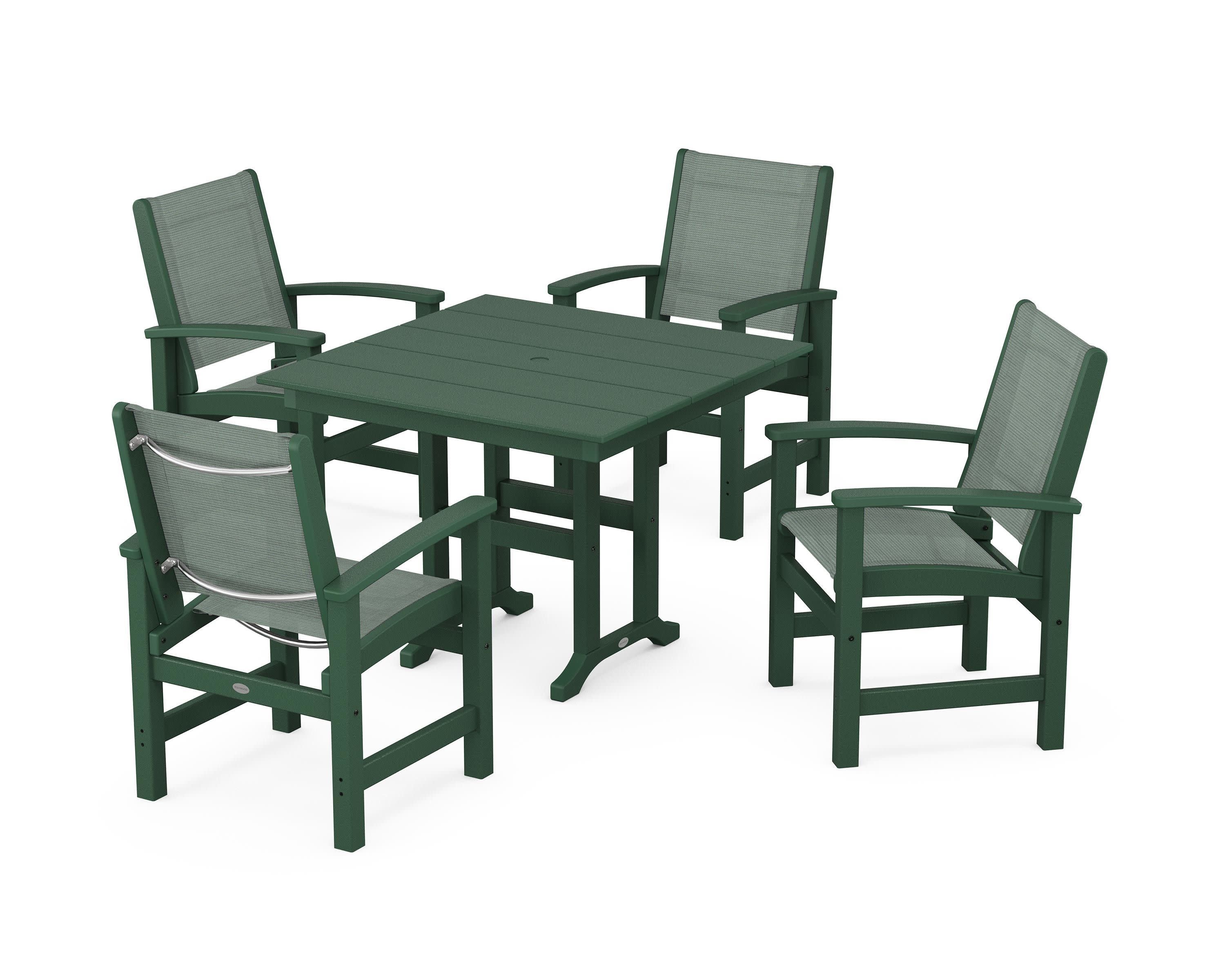 Coastal 5-Piece Farmhouse Dining Set in Green / Dupioni Sea Mist Sling