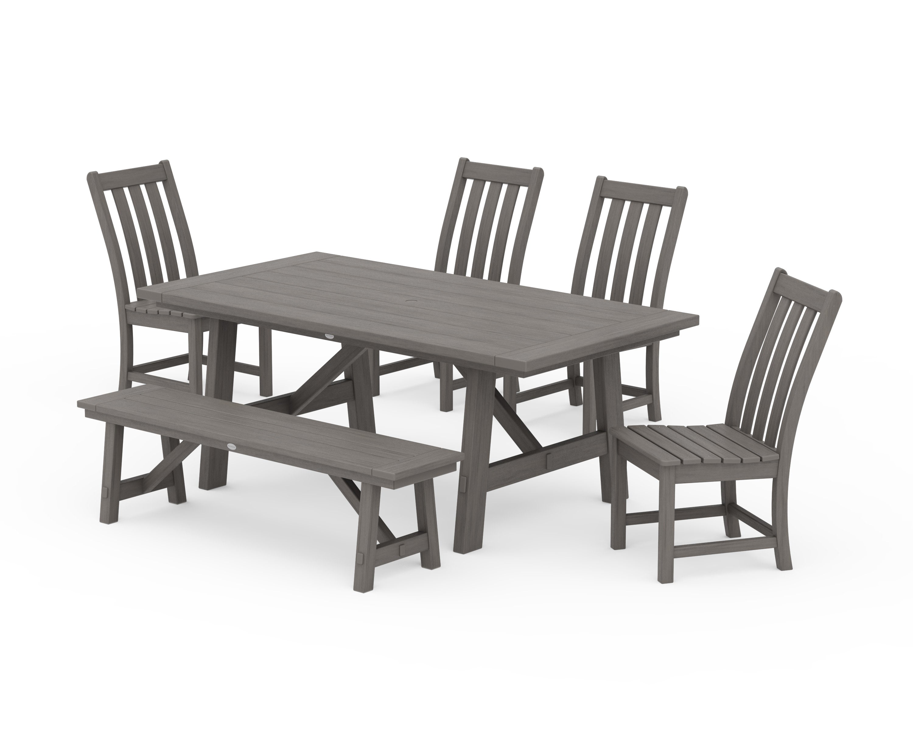 Vineyard 6-Piece Rustic Farmhouse Side Chair Dining Set with Bench in Driftwood