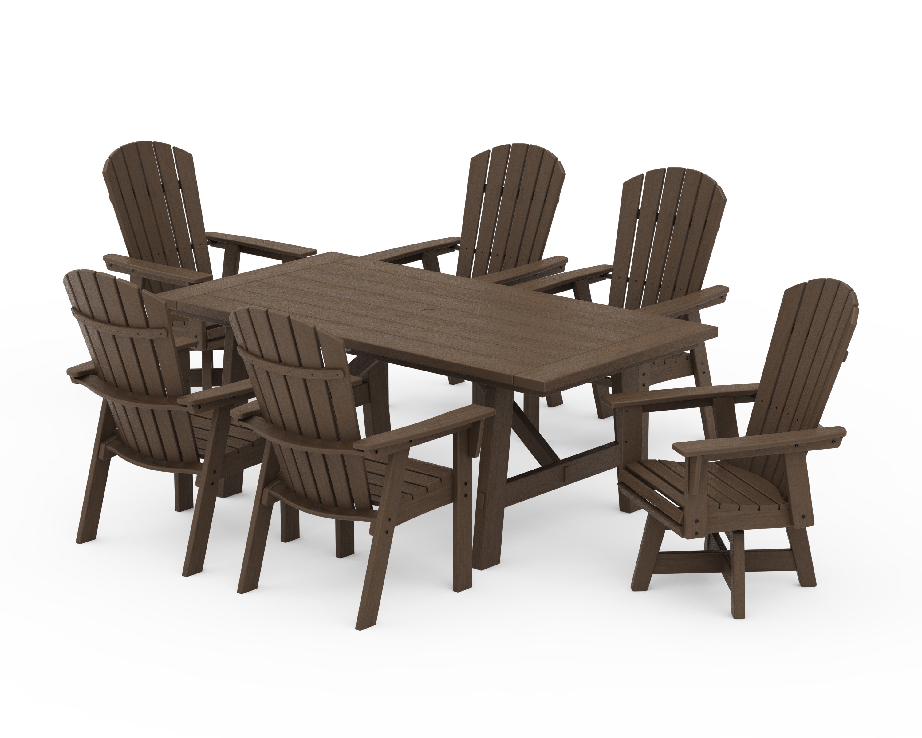 Nautical Curveback Adirondack Swivel Chair 7-Piece Rustic Farmhouse Dining Set in Kona