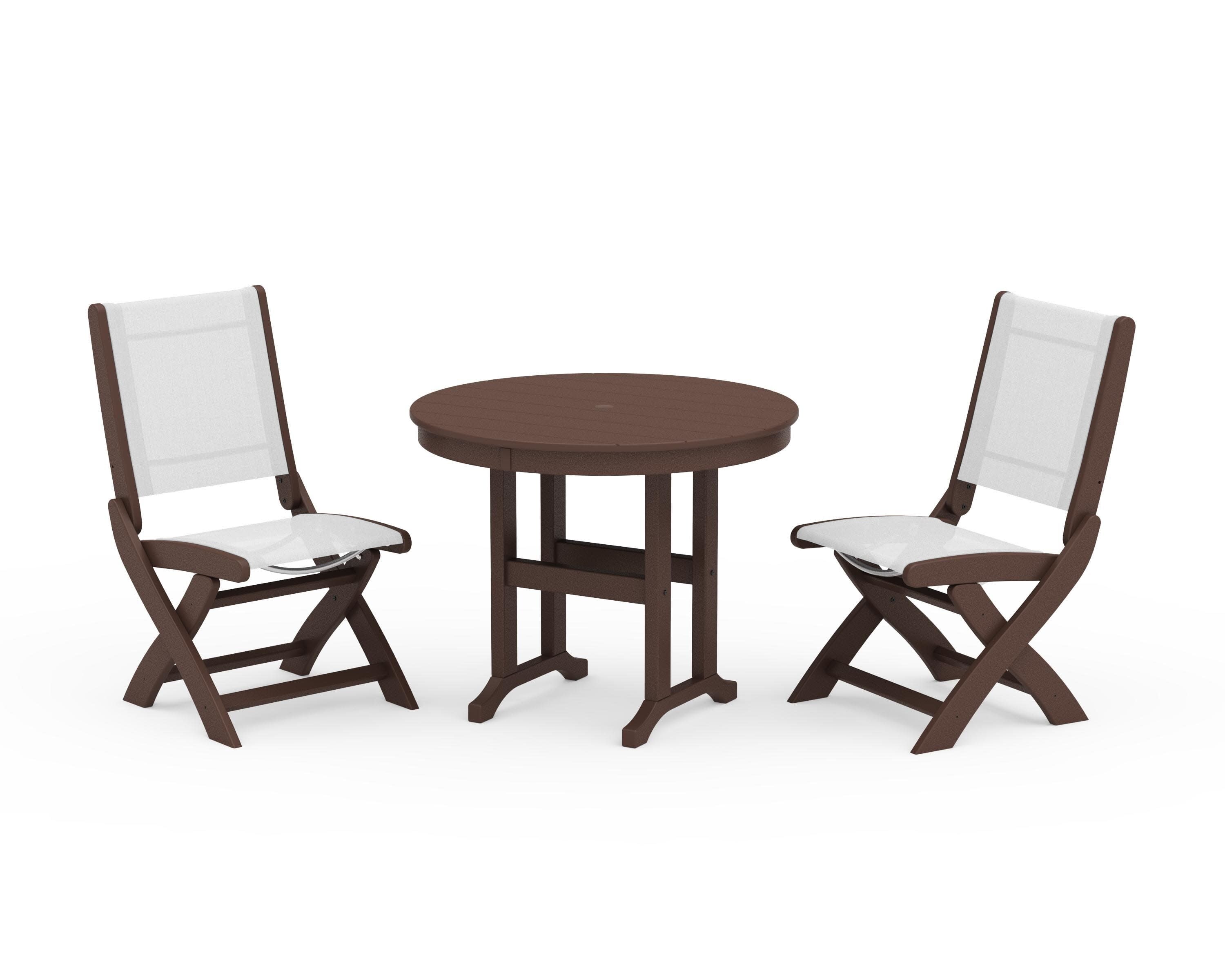 Coastal Folding Side Chair 3-Piece Round Dining Set in Mahogany / White Sling