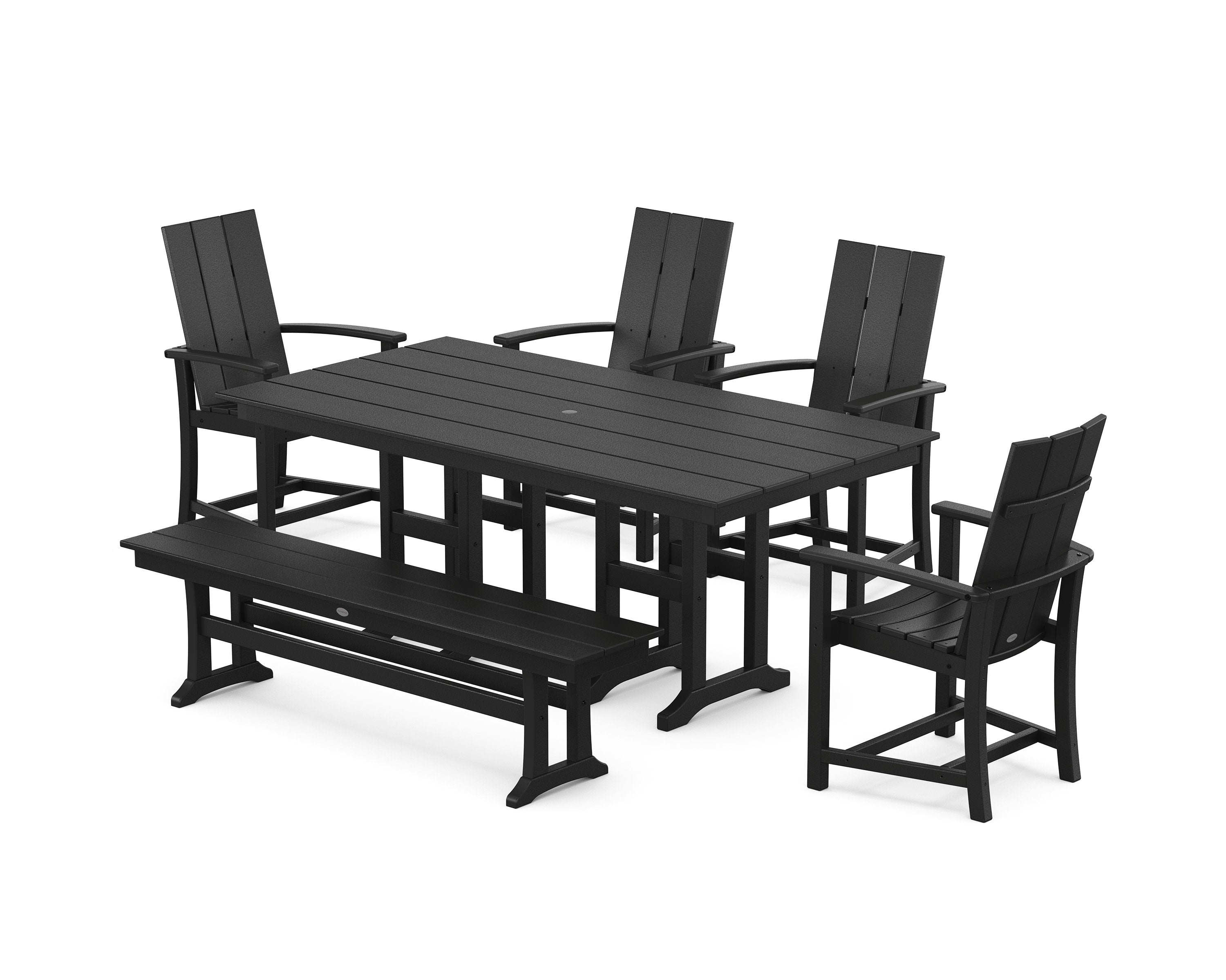 Modern Adirondack 6-Piece Dining Set with Trestle Legs and Bench in Black