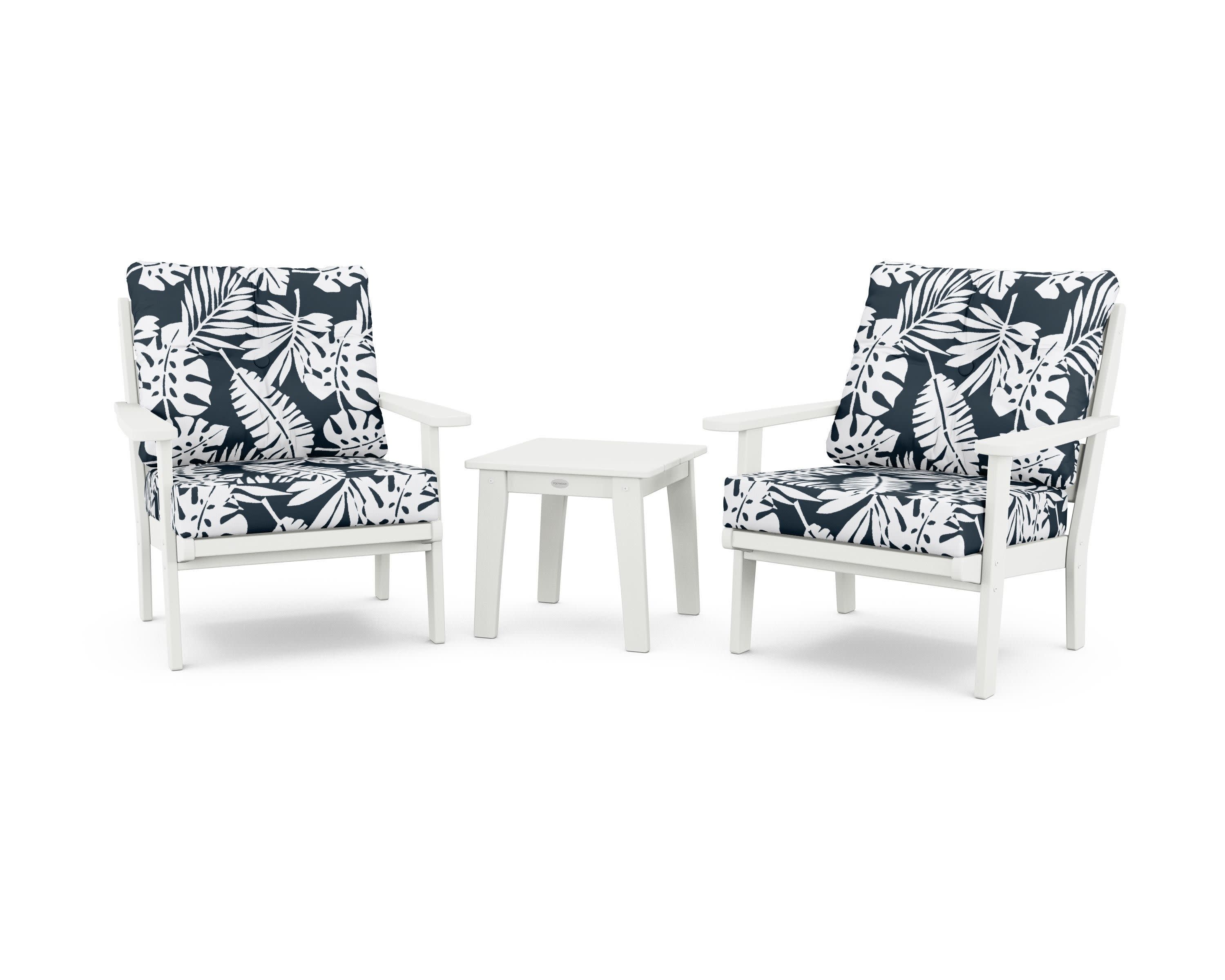 Lakeside 3-Piece Deep Seating Chair Set in Vintage White / Leaf Marine Indigo