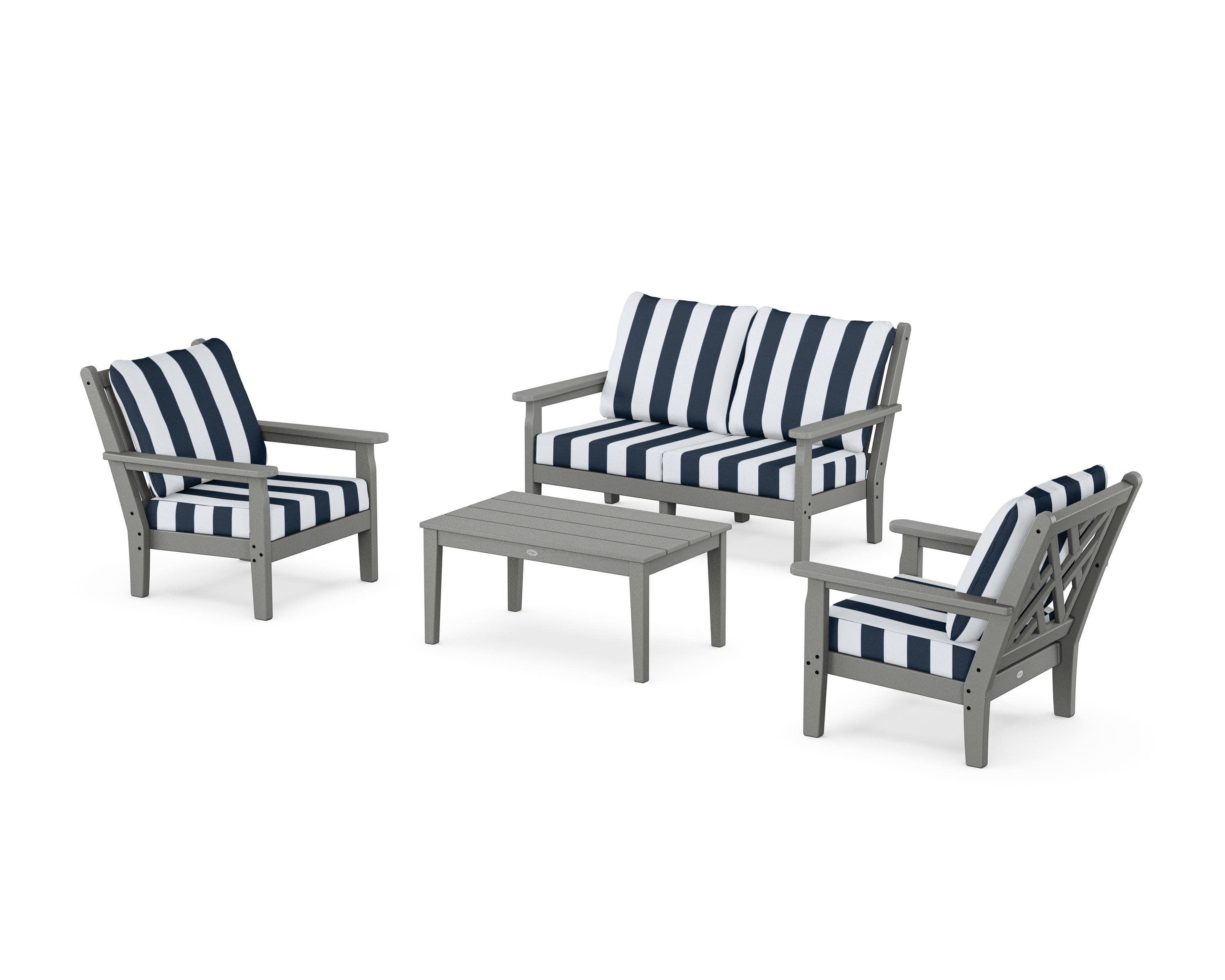 Chippendale 4-Piece Deep Seating Set with Loveseat in Slate Grey / Cabana Stripe Marine Indigo