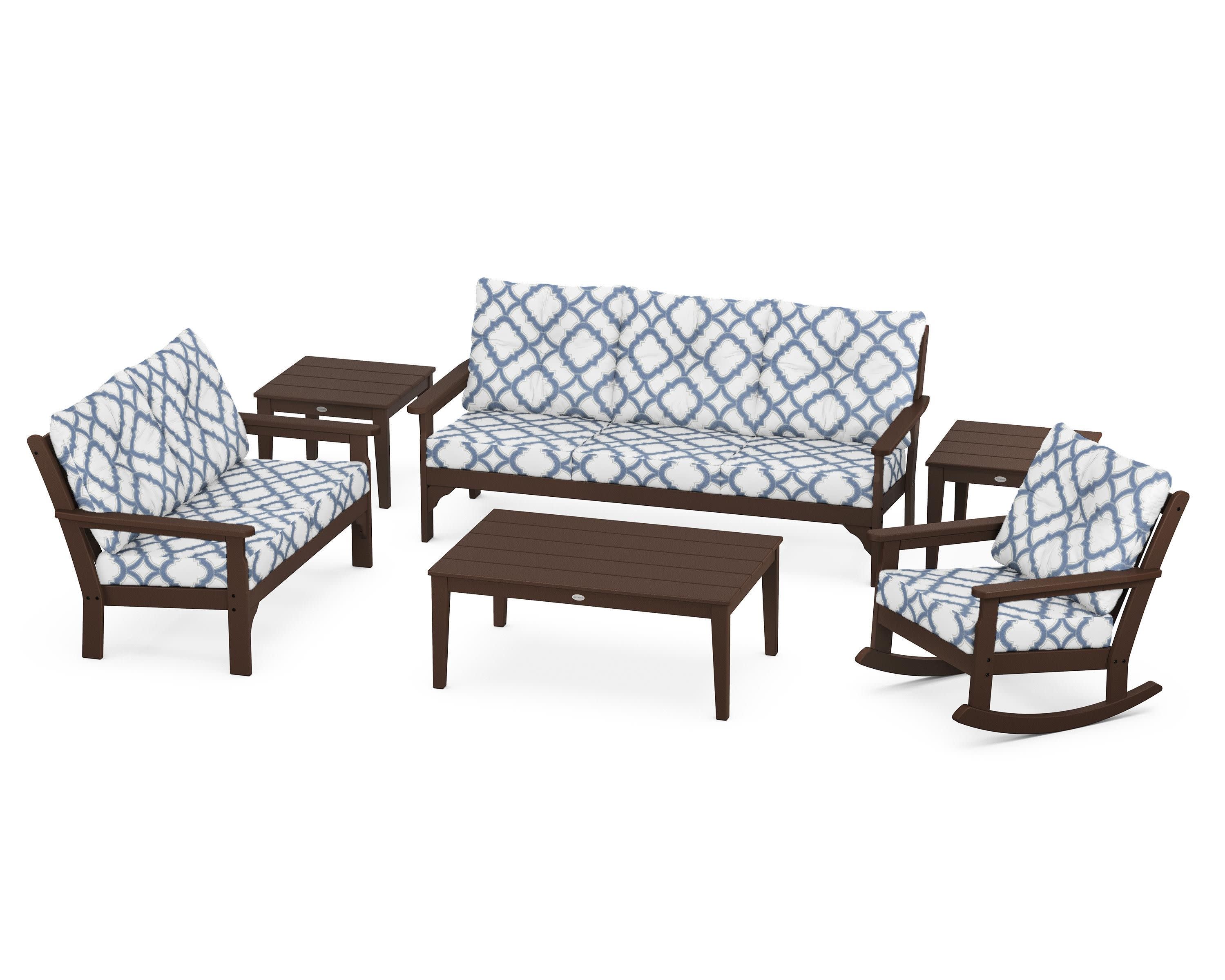Vineyard 6-Piece Deep Seating Set in Mahogany / Trellis Sky Blue