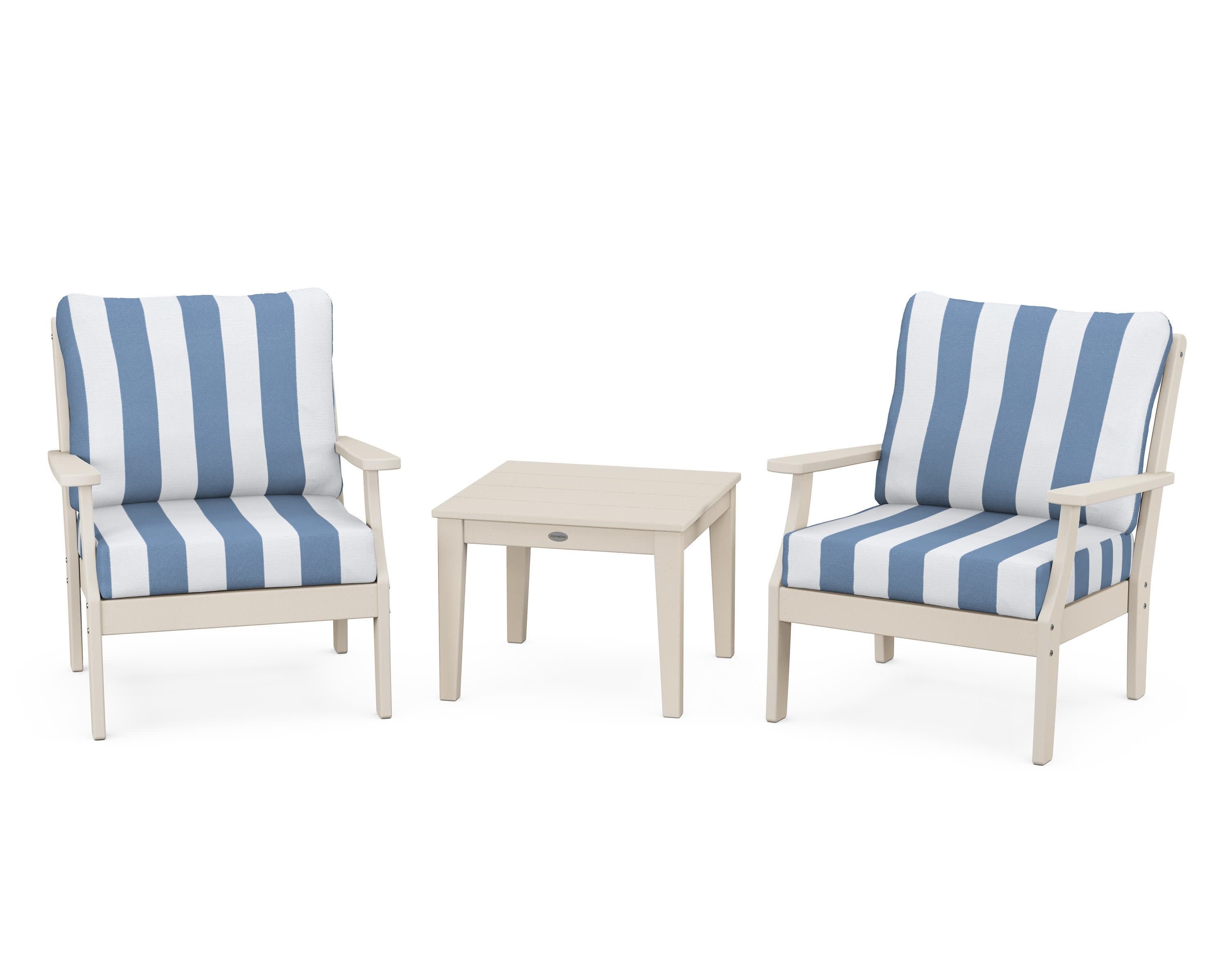 Braxton 3-Piece Deep Seating Set in Sand / Cabana Stripe Sky Blue