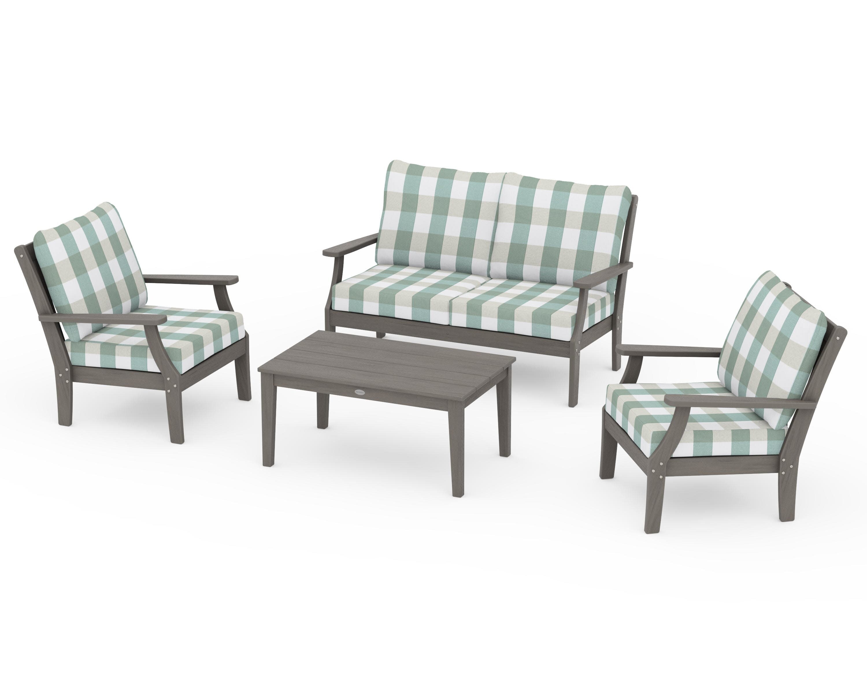Braxton 4-Piece Deep Seating Chair Set in Driftwood / Buffalo Plaid Glacier Spa