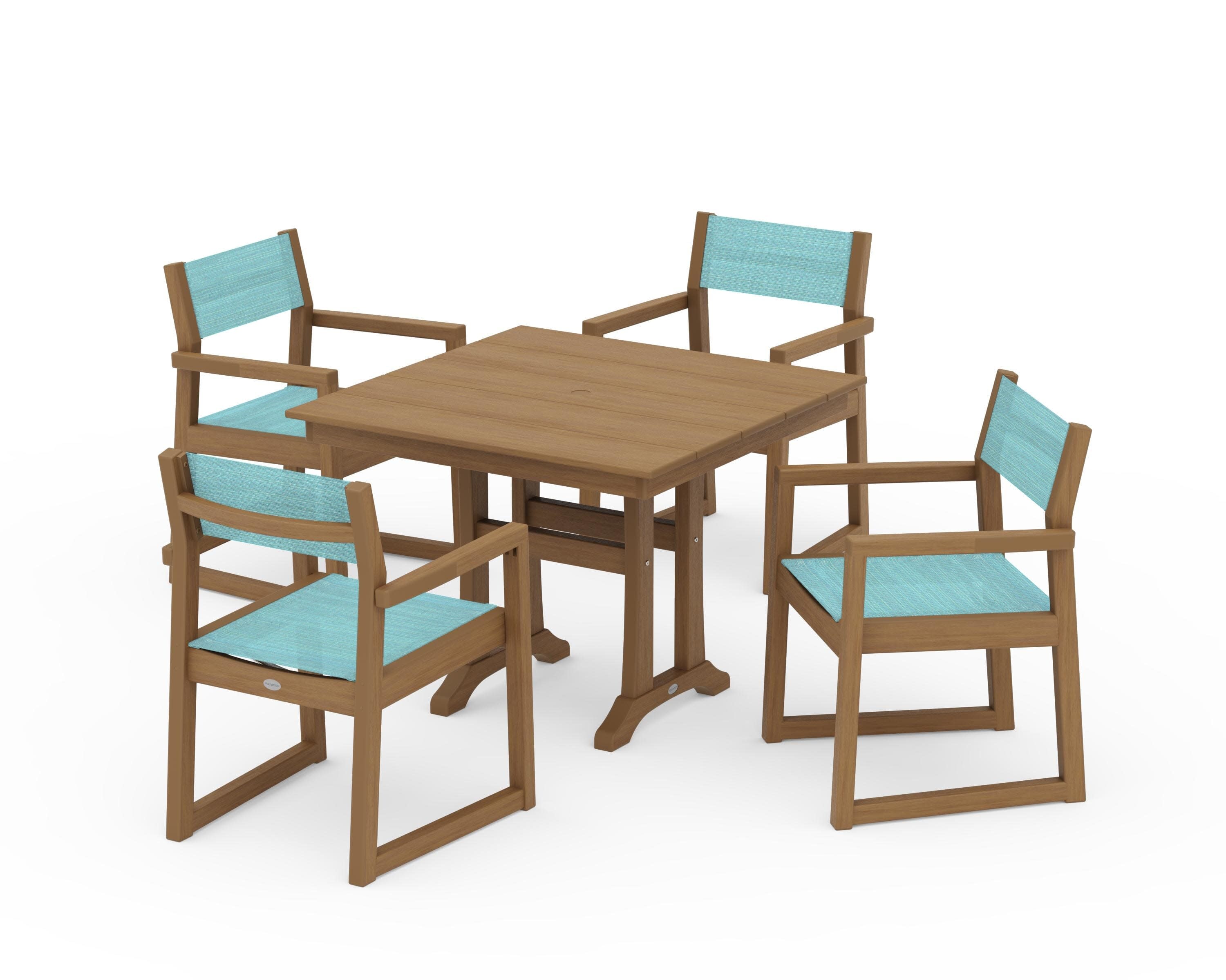 EDGE Sling 5-Piece Farmhouse Dining Set with Trestle Legs in Natural / Dupioni Aquamarine Sling