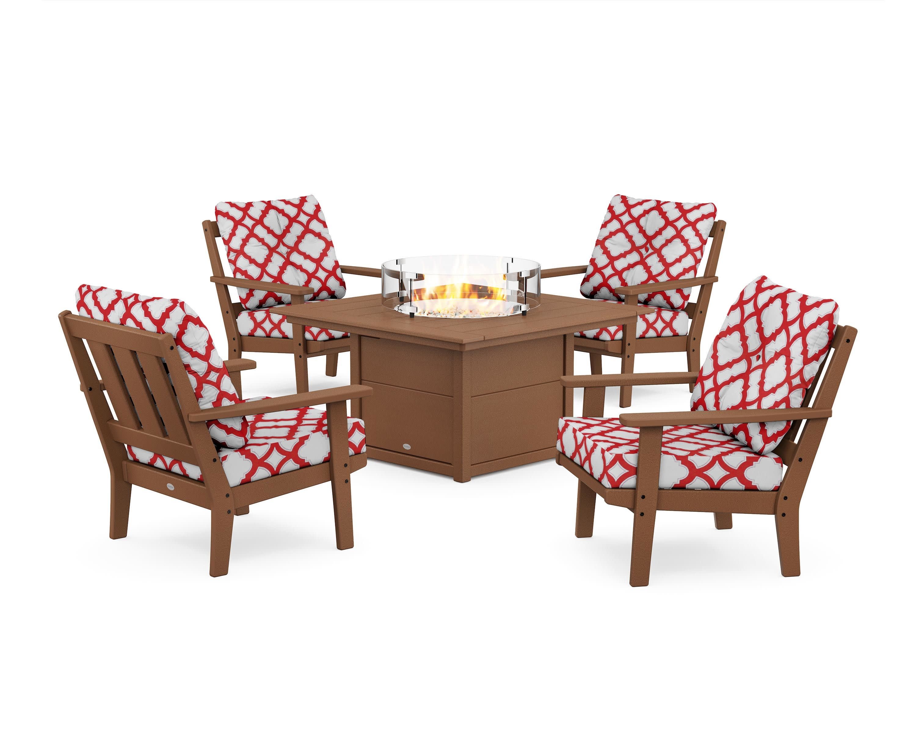 Oxford 5-Piece Deep Seating Set with Fire Pit Table in Teak / Trellis Crimson