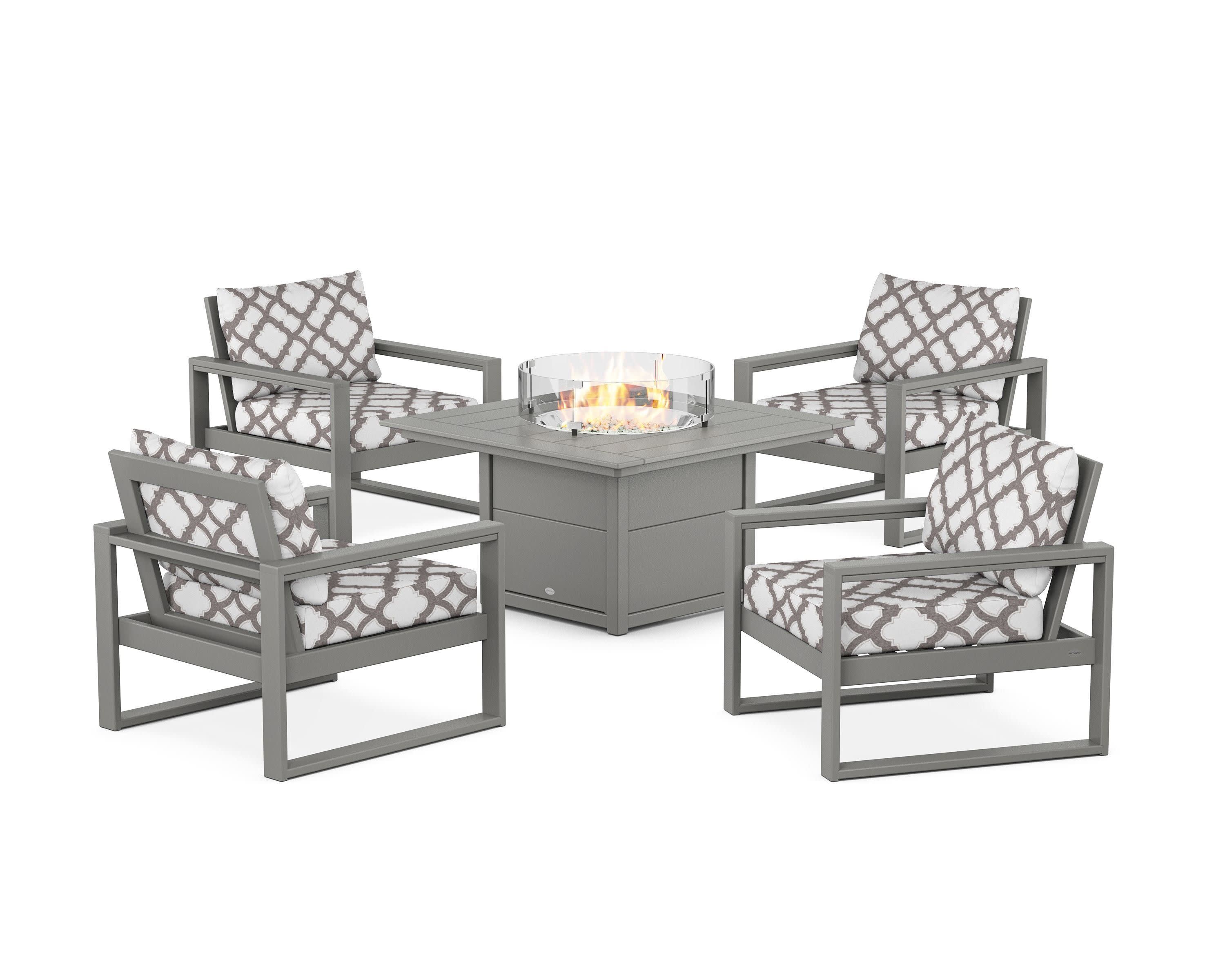 EDGE Sectional 5-Piece Deep Seating Set with Fire Pit Table in Slate Grey / Trellis Grey Mist