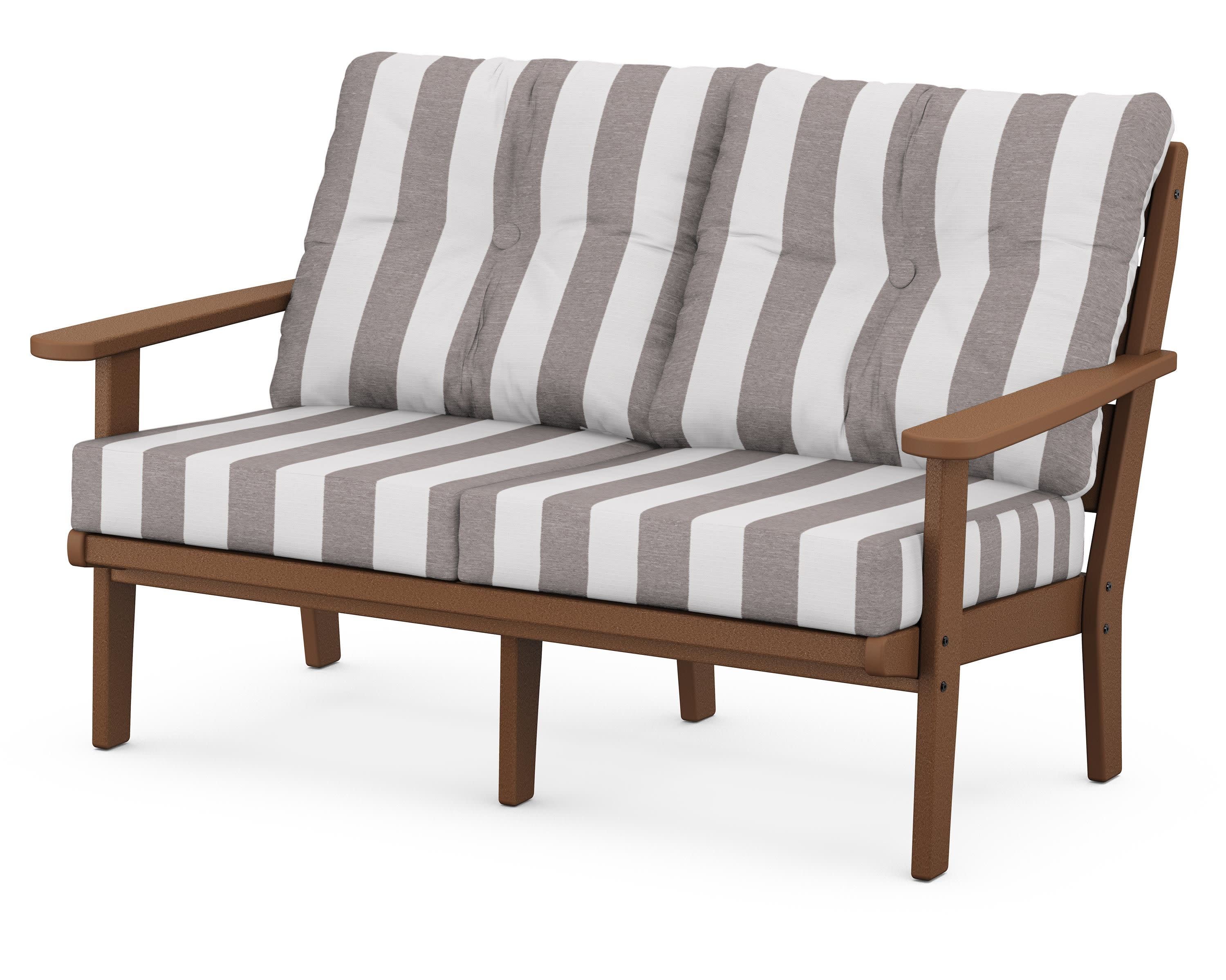 Lakeside Deep Seating Loveseat in Teak / Cabana Stripe Grey Mist