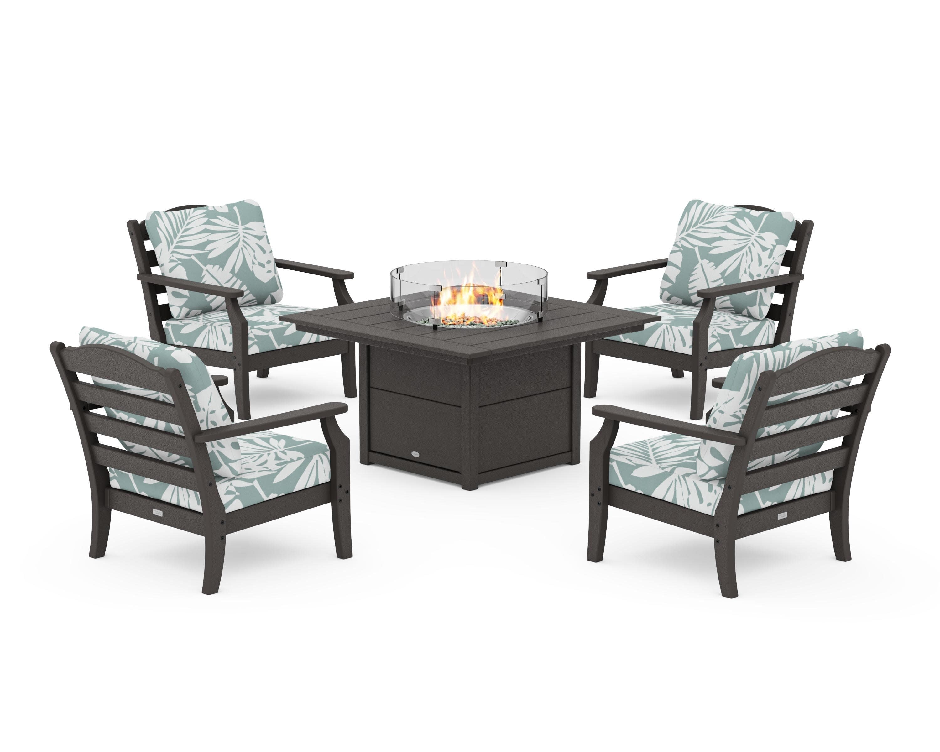 Savannah 5-Piece Deep Seating Set with Fire Pit Table in Vintage Coffee / Leaf Glacier Spa