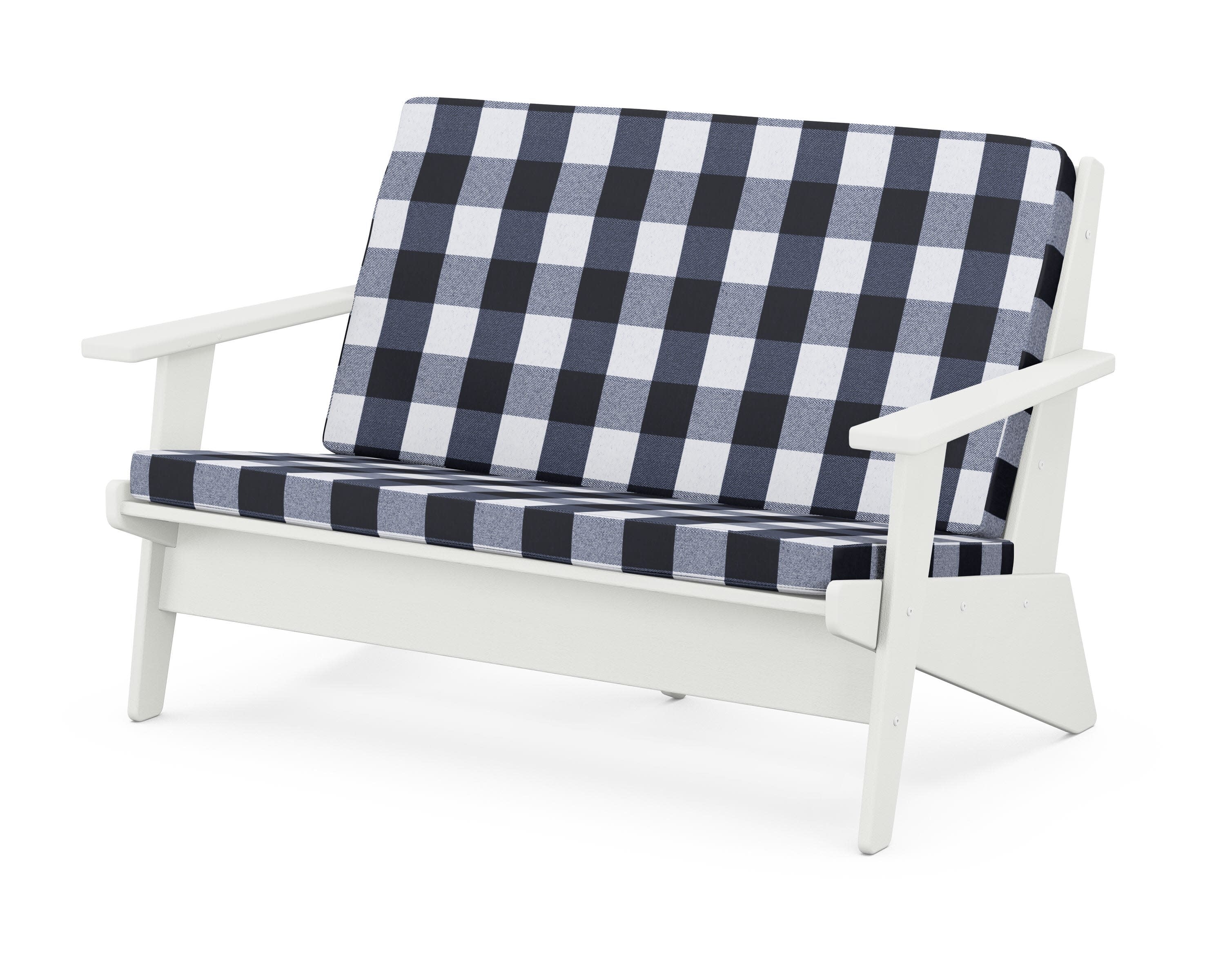 Riviera Modern Lounge Loveseat in Vintage White / Buffalo Plaid Marine Indigo
