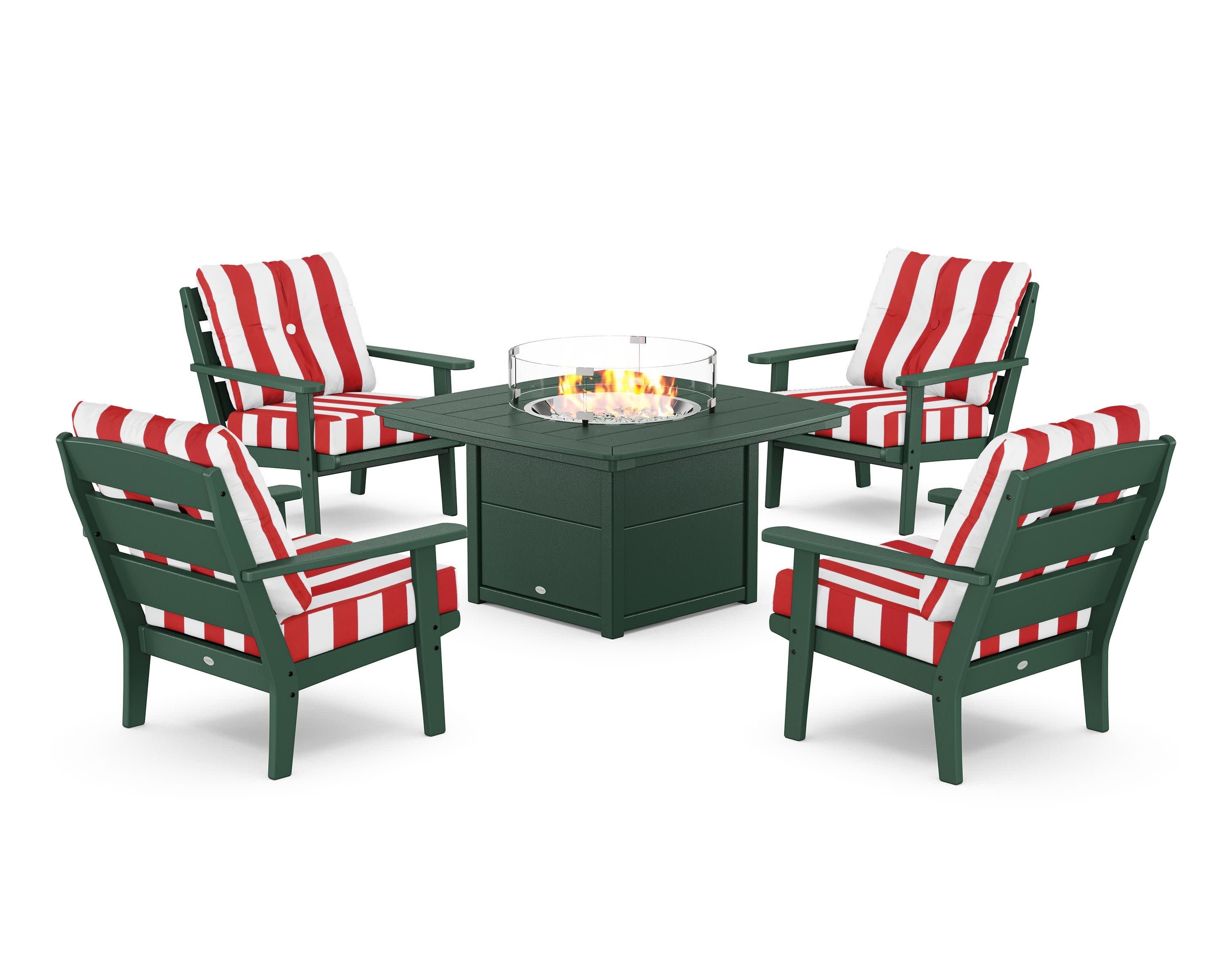 Lakeside 5-Piece Deep Seating Set with Nautical Fire Pit Table in Green / Cabana Stripe Crimson
