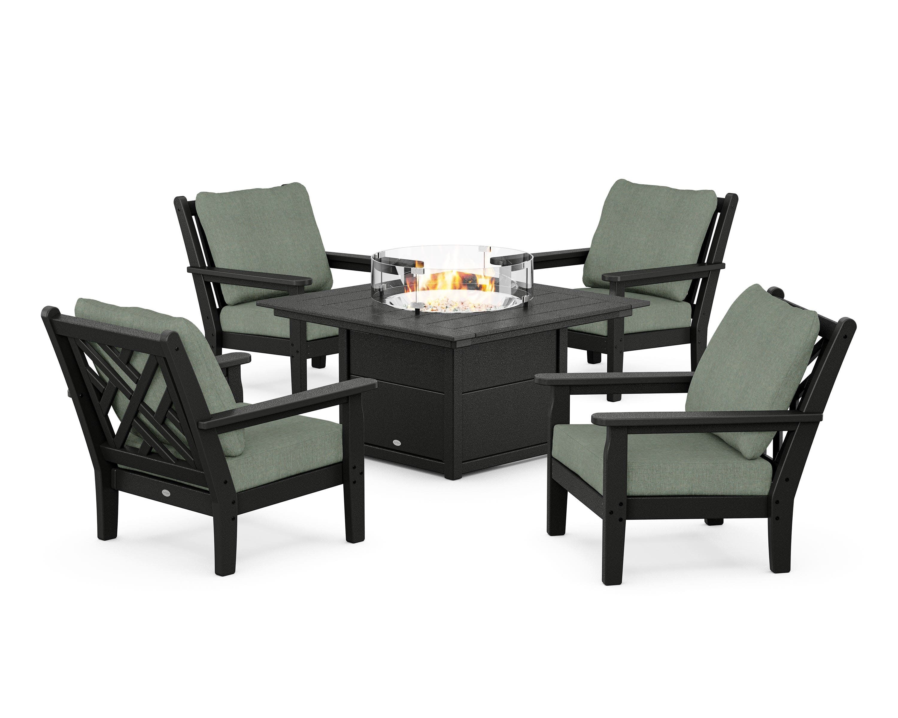 Chippendale 5-Piece Deep Seating Set with Fire Pit Table in Black / Cast Sage