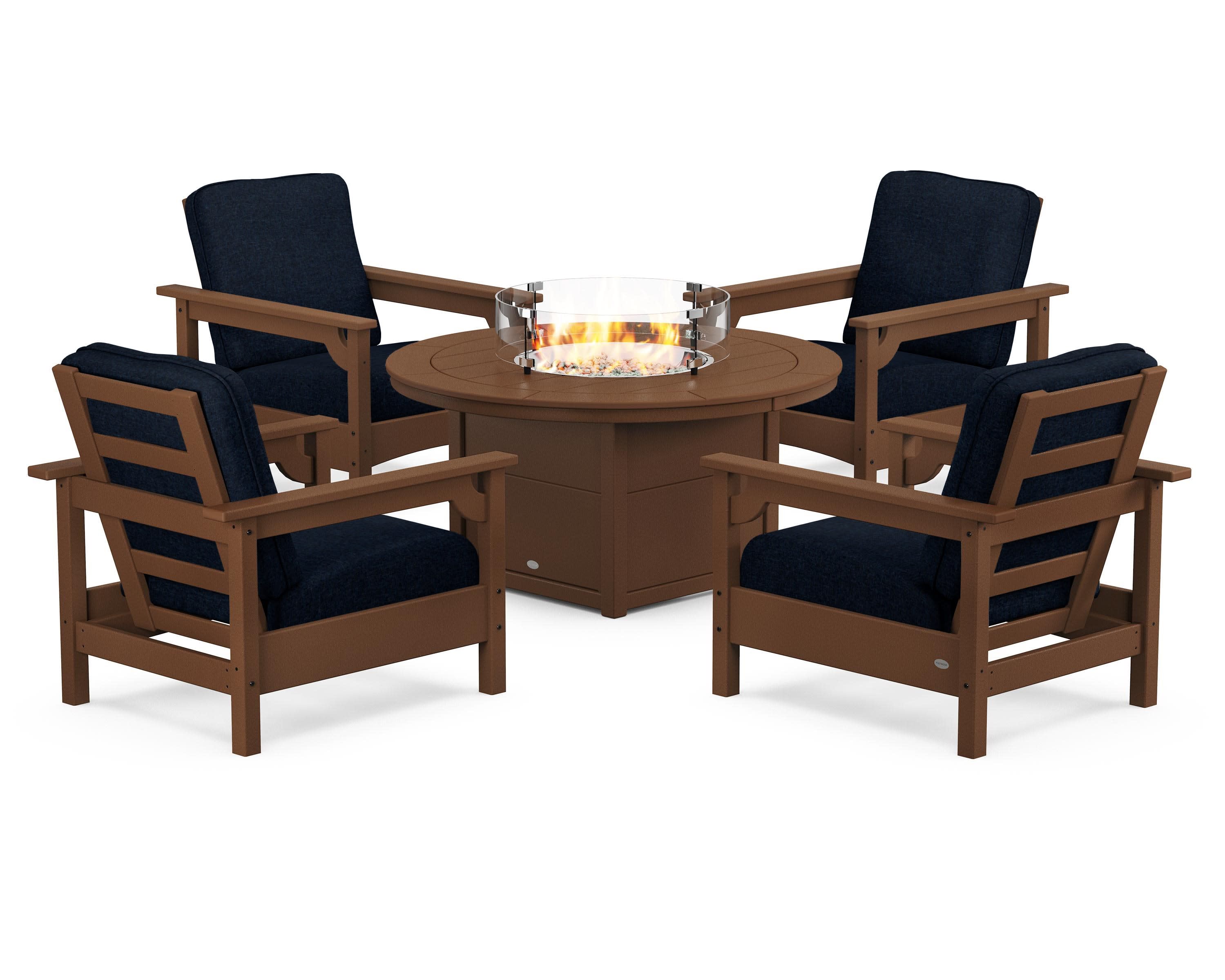 Club 5-Piece Conversation Set with Fire Pit Table in Teak / Marine Indigo