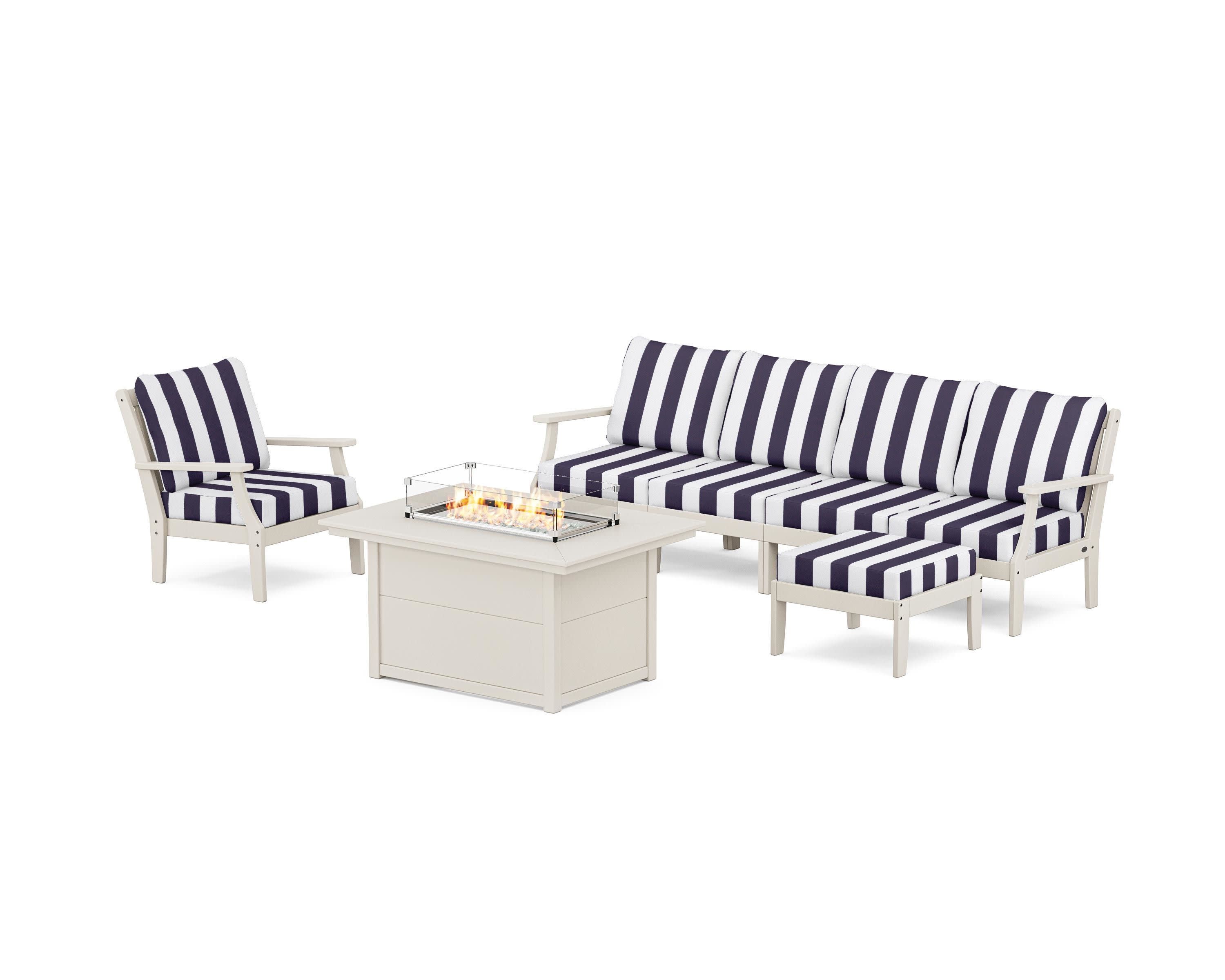 Braxton Sectional Lounge and Fire Pit Set in Sand / Cabana Stripe Navy