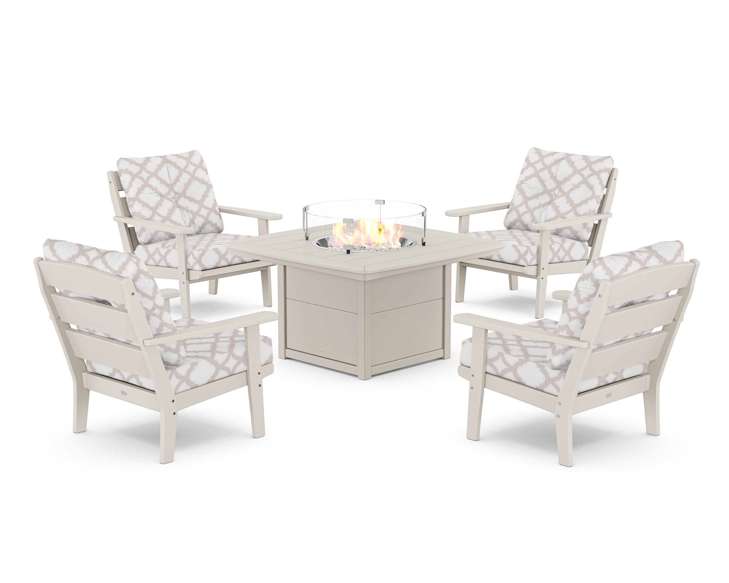 Lakeside 5-Piece Deep Seating Set with Nautical Fire Pit Table in Sand / Trellis Dune Burlap