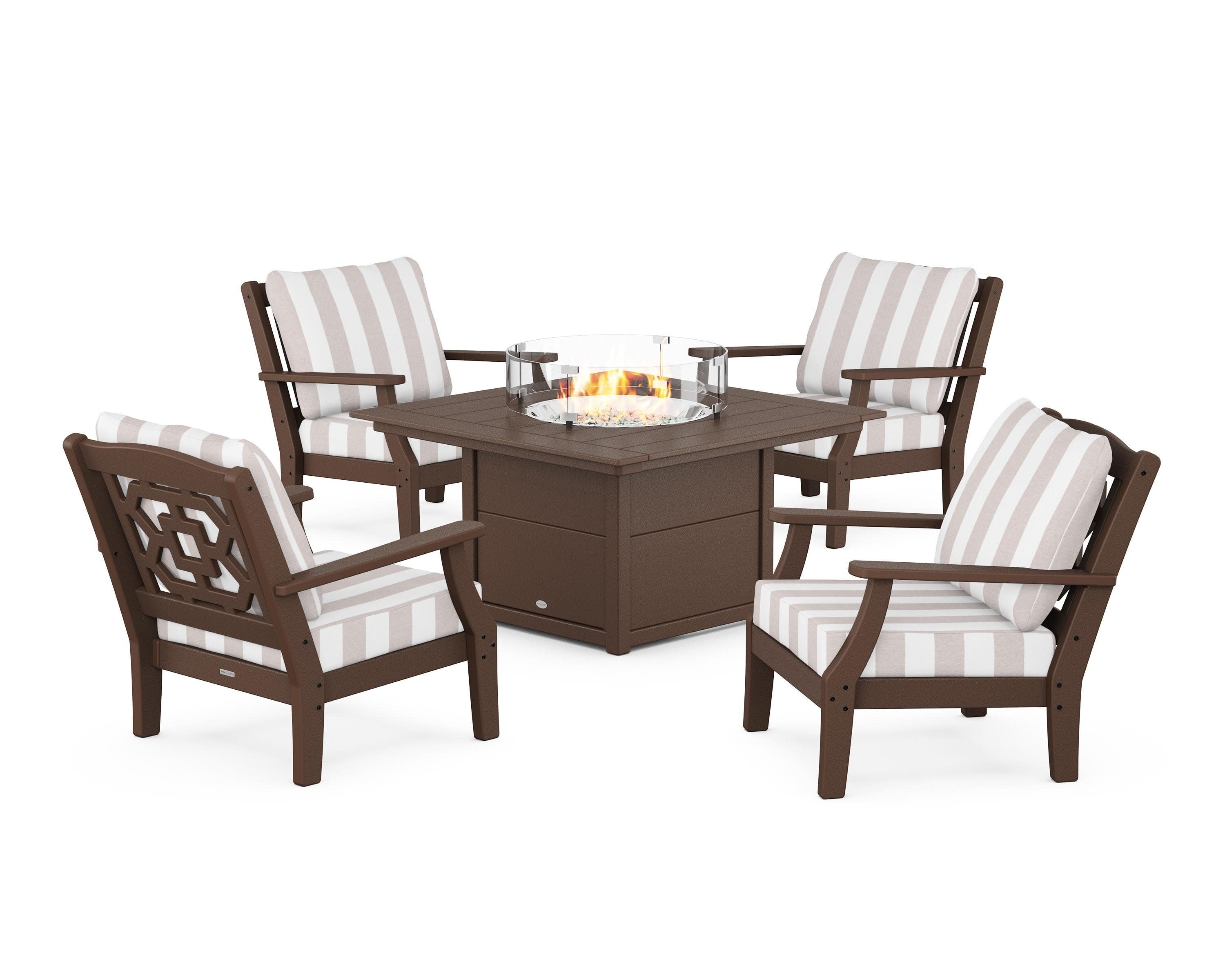 Chinoiserie 5-Piece Deep Seating Set with Fire Pit Table in Mahogany / Cabana Stripe Dune Burlap