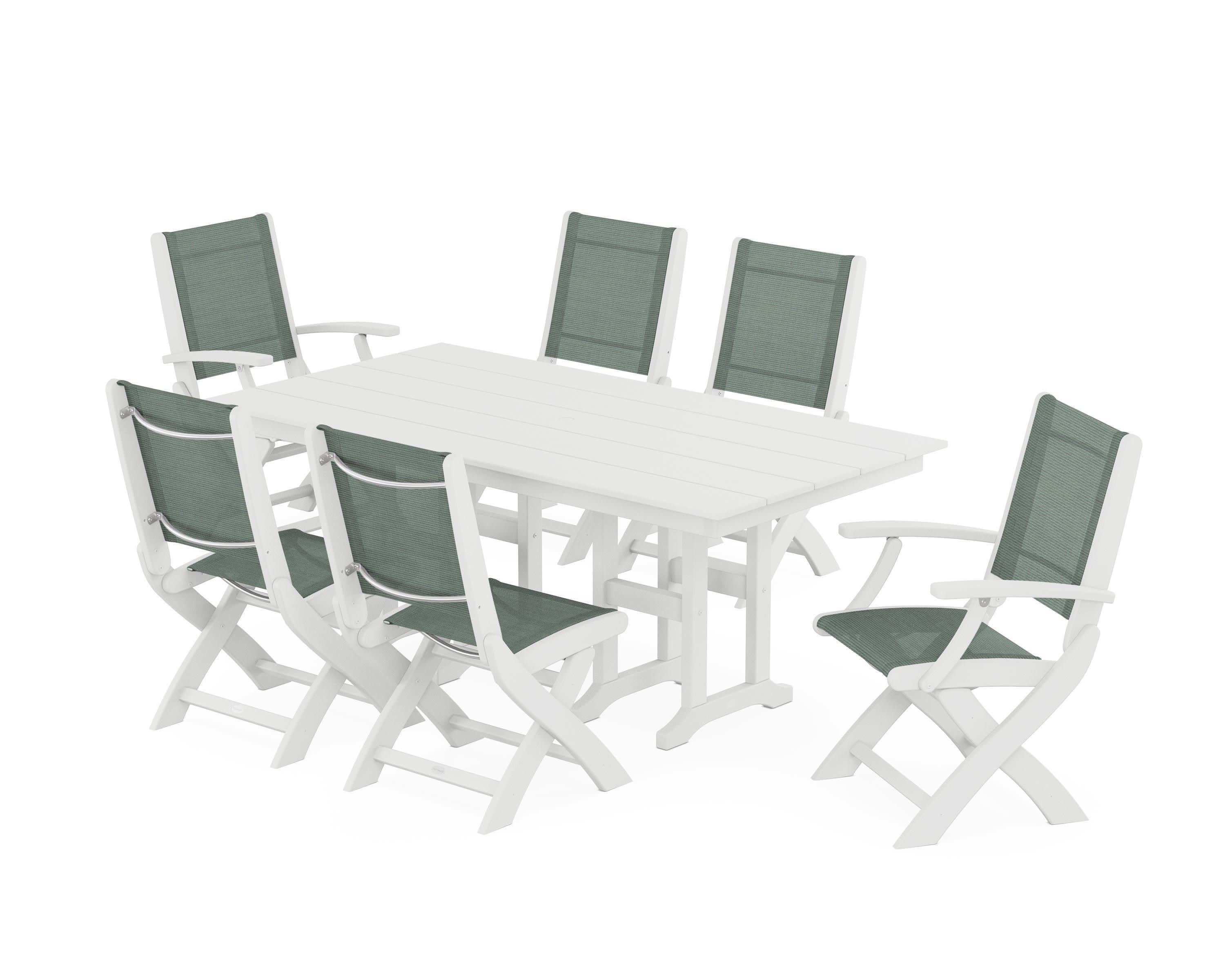 Coastal Folding Chair 7-Piece Farmhouse Dining Set in White / Dupioni Sea Mist Sling