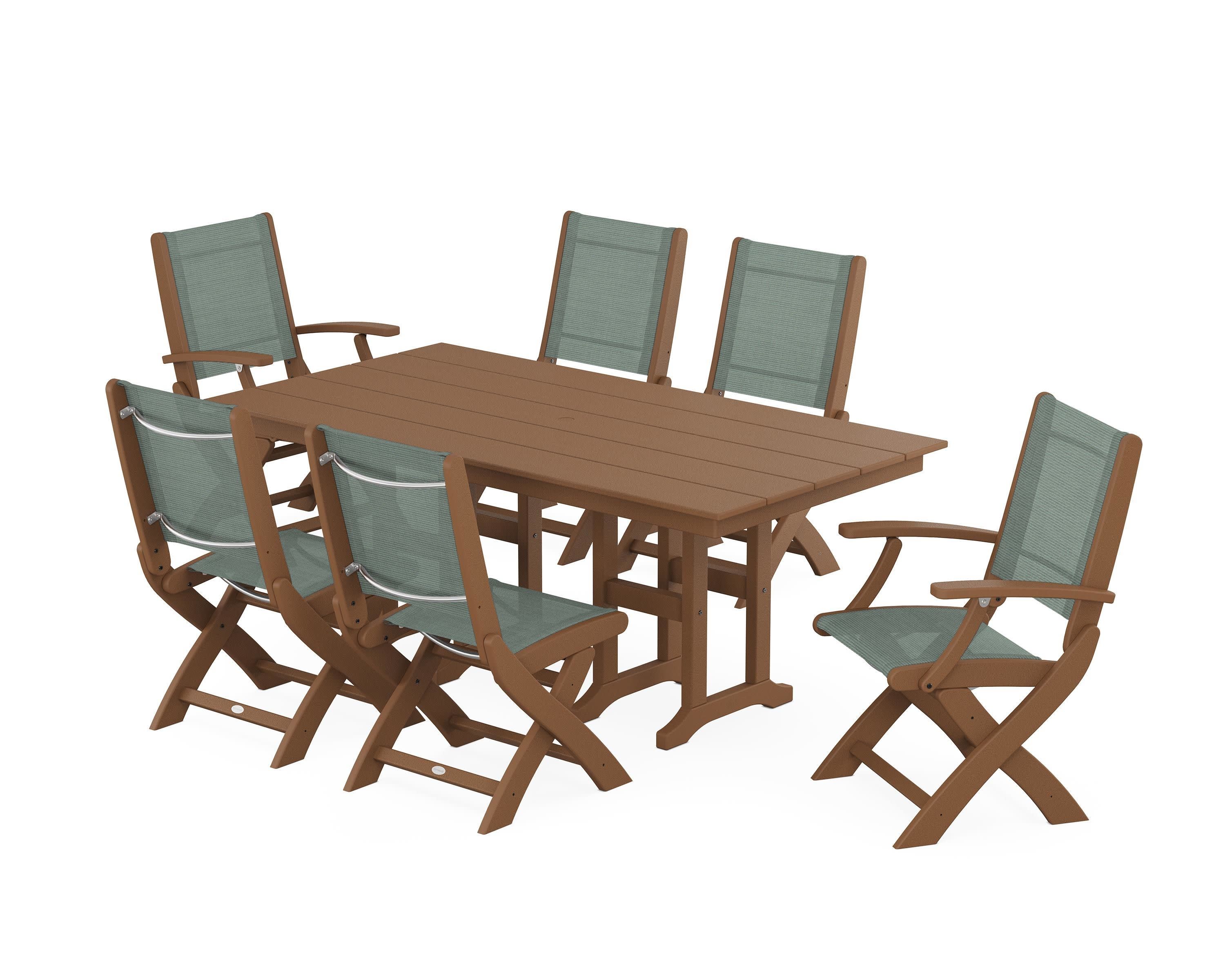 Coastal Folding Chair 7-Piece Farmhouse Dining Set in Teak / Dupioni Sea Mist Sling