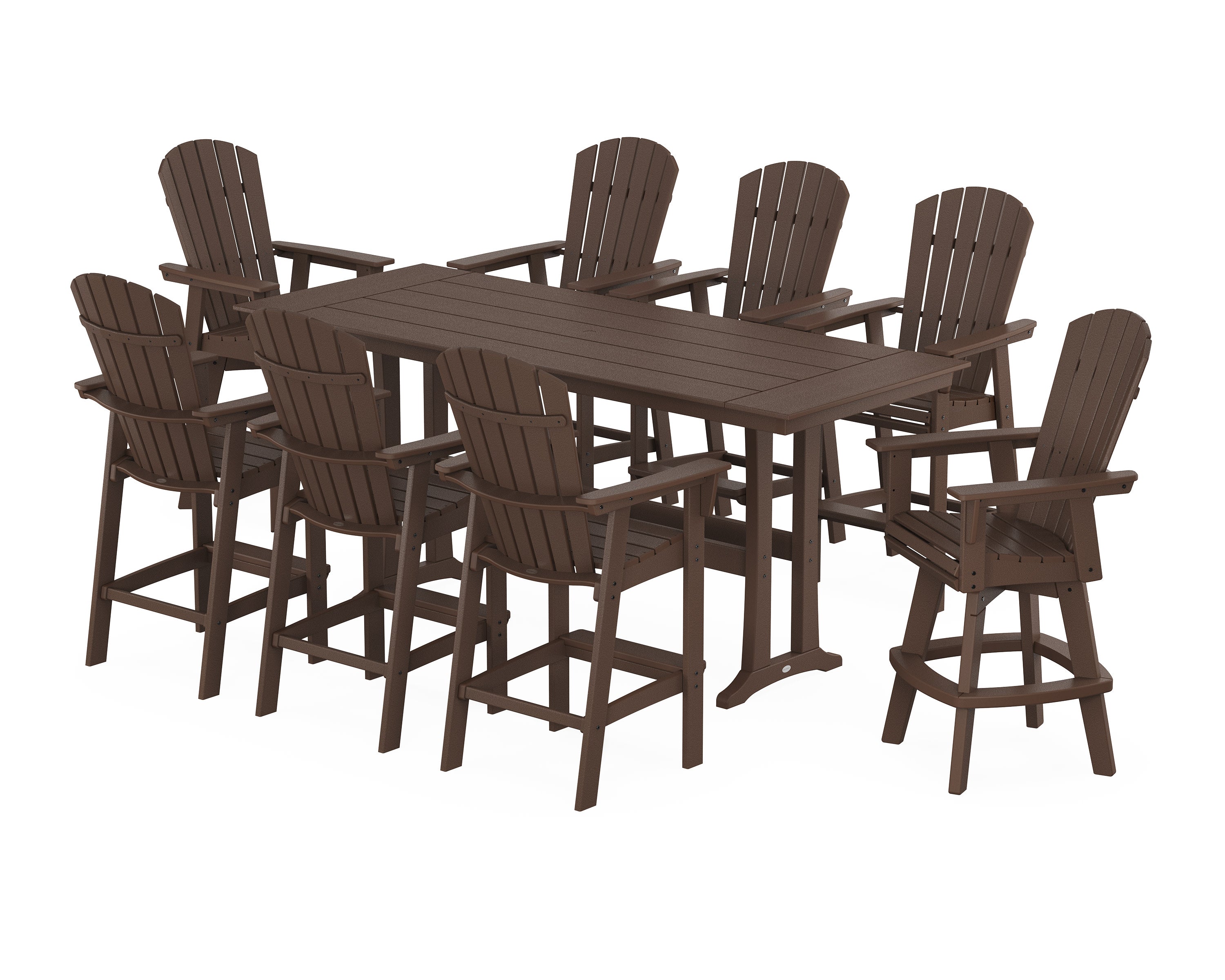 Nautical Curveback Adirondack Swivel Chair 9-Piece Farmhouse Bar Set with Trestle Legs in Mahogany