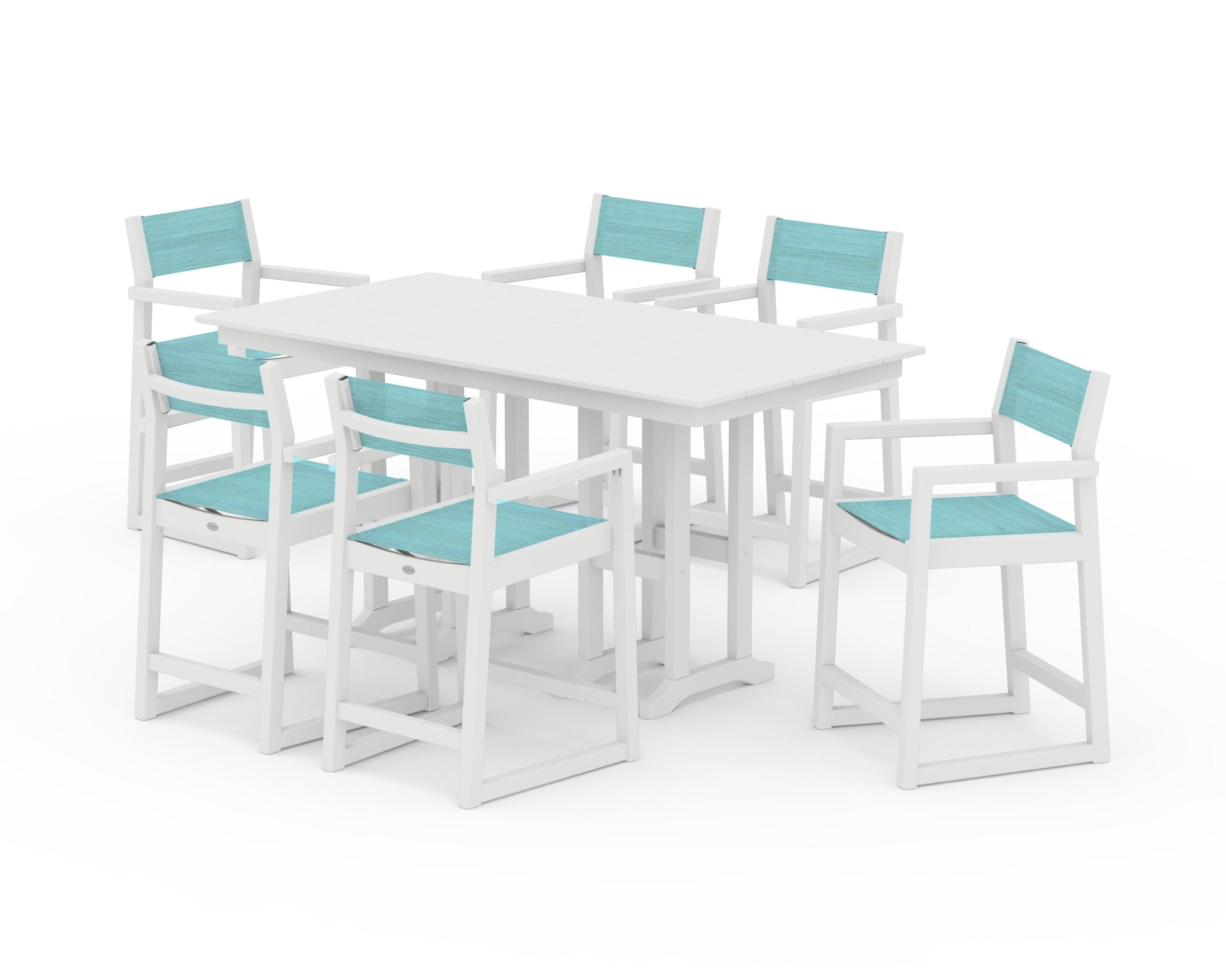 EDGE Sling Arm Chair 7-Piece Farmhouse Counter Set in White / Dupioni Aquamarine Sling
