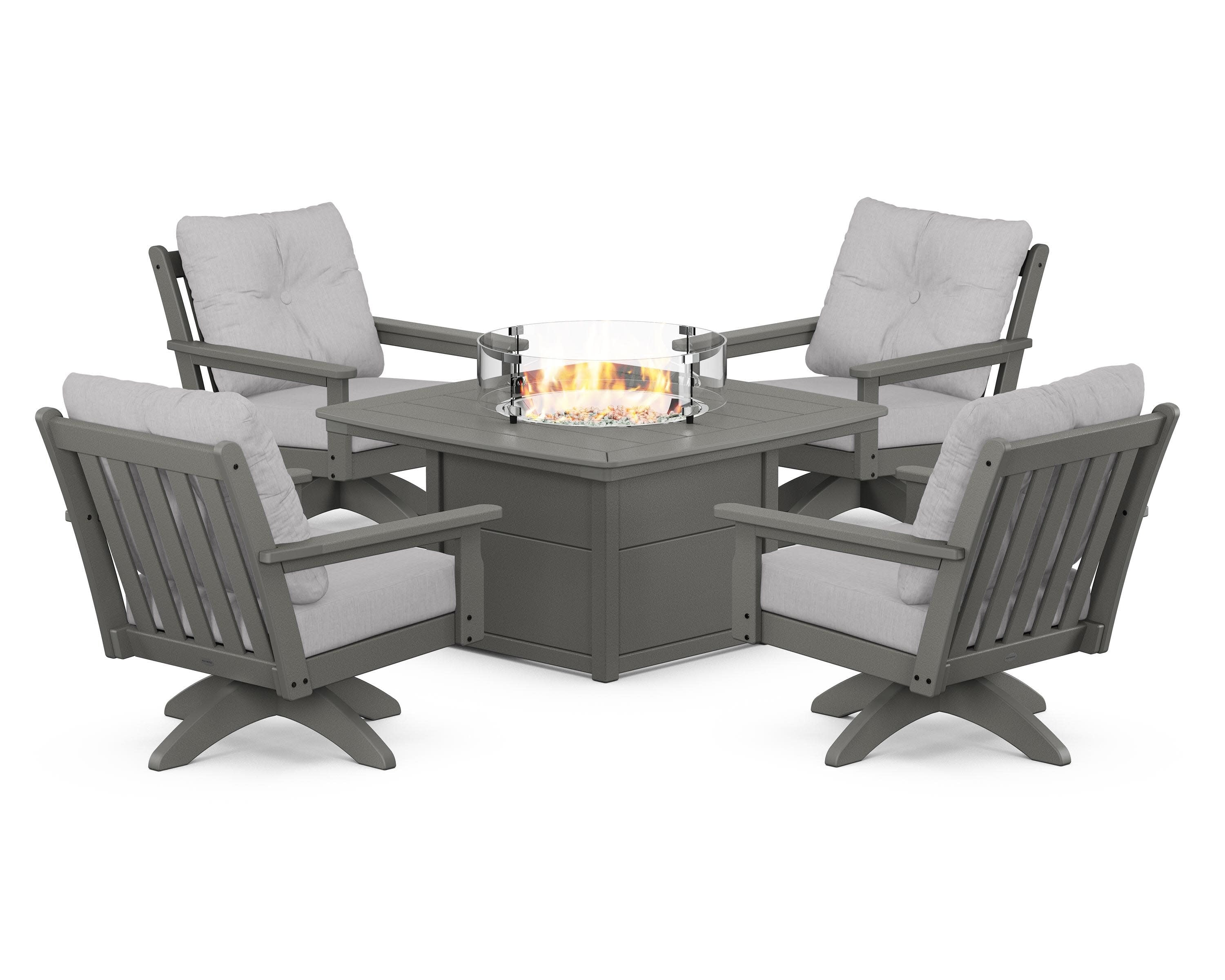 Vineyard 5-Piece Deep Seating Swivel Conversation Set with Fire Pit Table in Slate Grey / Granite