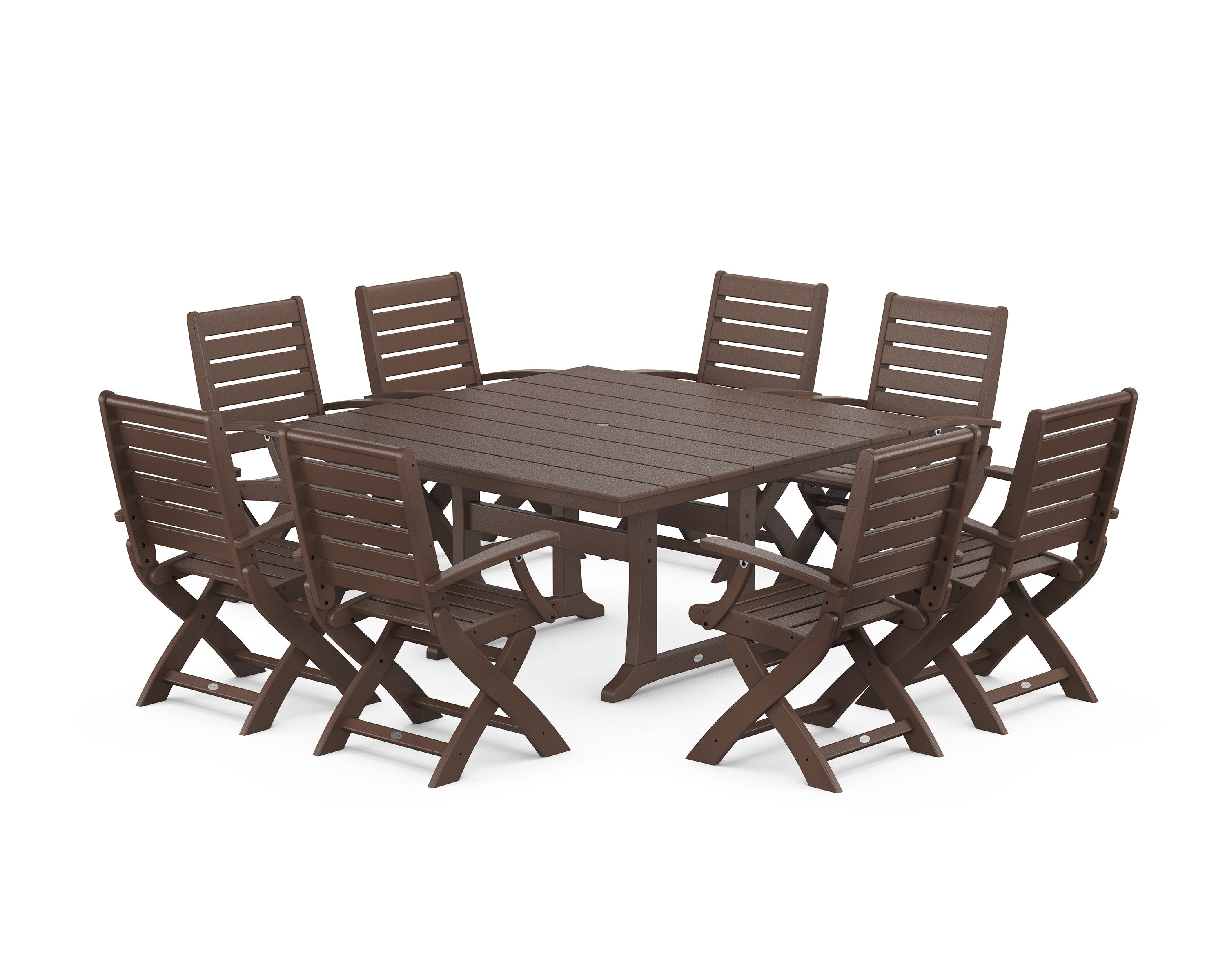 Signature Folding Chair 9-Piece Square Farmhouse Dining Set with Trestle Legs in Mahogany