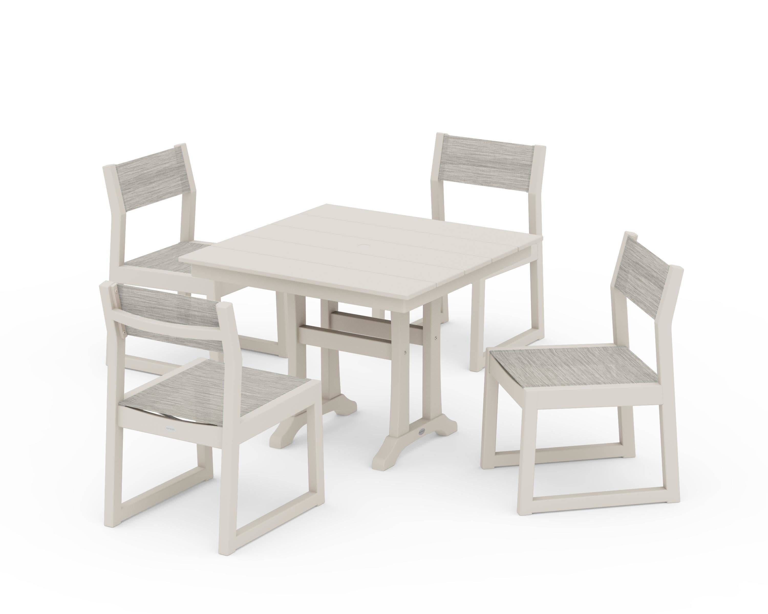 EDGE Sling 5-Piece Farmhouse Trestle Side Chair Dining Set in Sand / Birch Sling