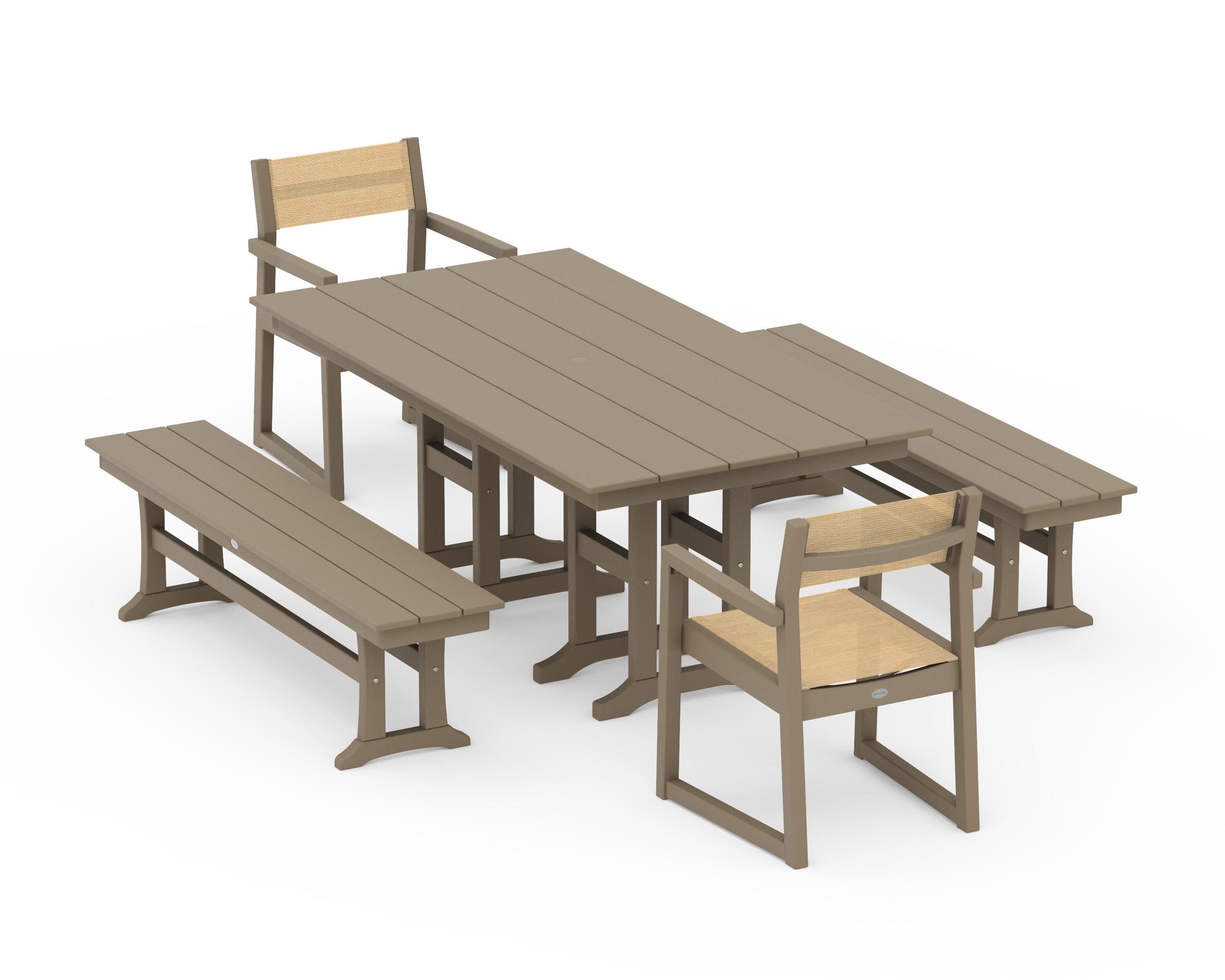EDGE Sling Arm Chair 5-Piece Farmhouse Dining Set with Benches in Vintage Sahara / Dupioni Apricot Sling