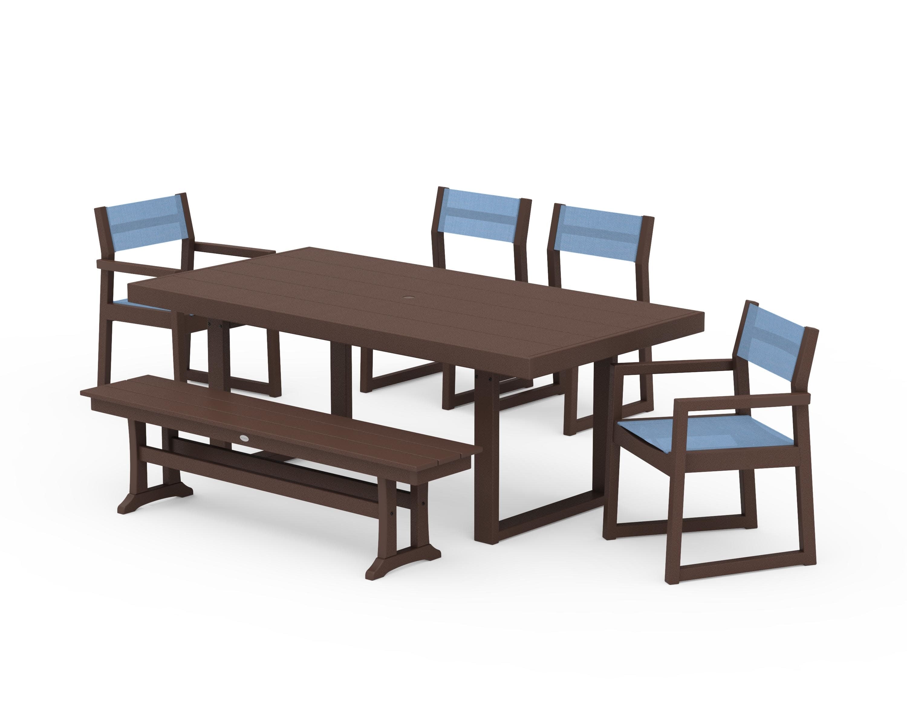 EDGE Sling 6-Piece Dining Set with Bench in Mahogany / Poolside Sling