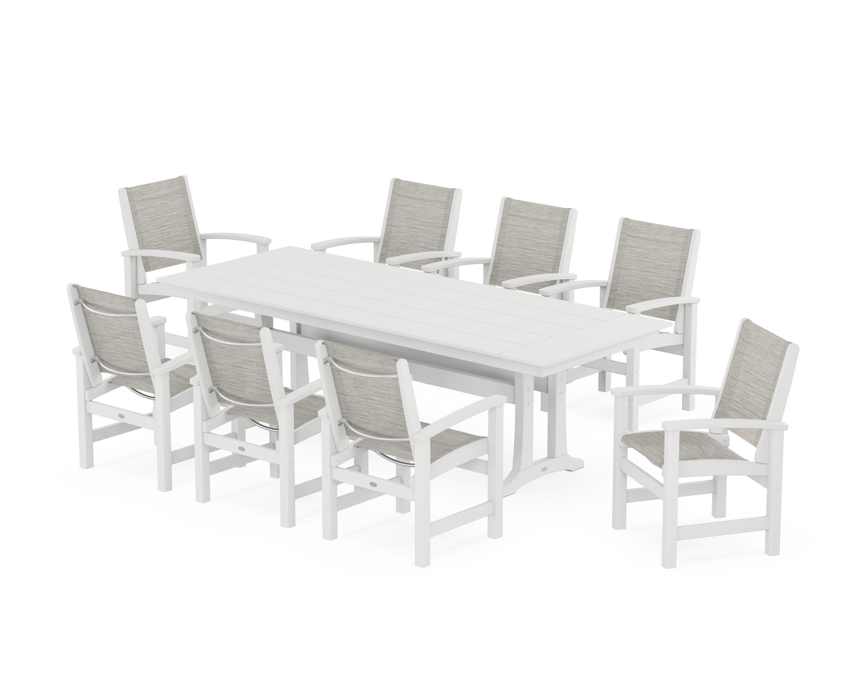 Coastal 9-Piece Farmhouse Dining Set with Trestle Legs in White / Birch Sling