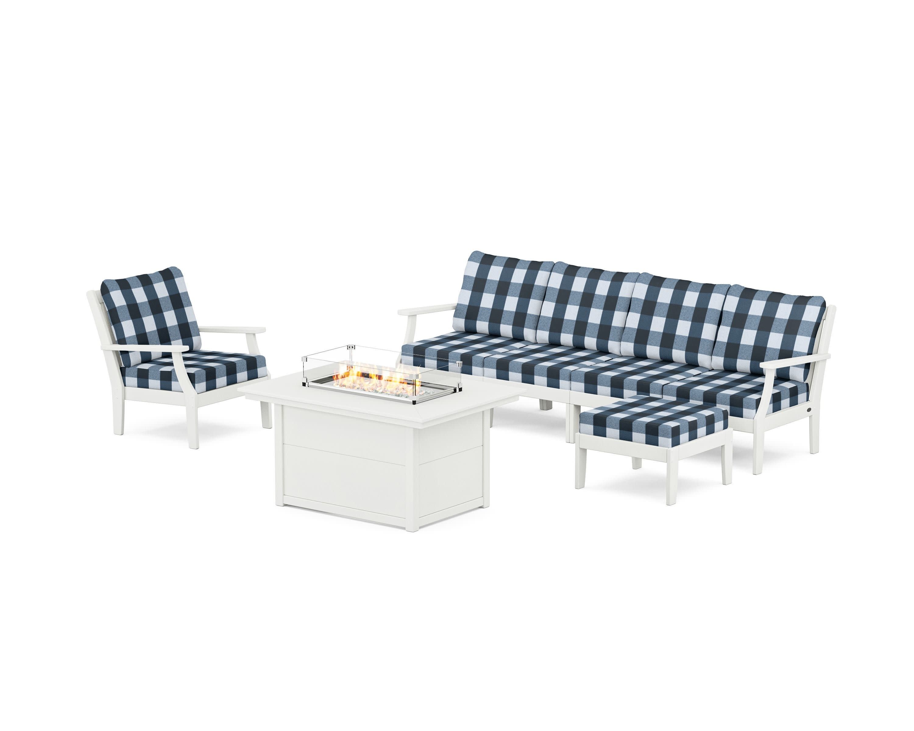 Braxton Sectional Lounge and Fire Pit Set in Vintage White / Buffalo Plaid Marine Indigo