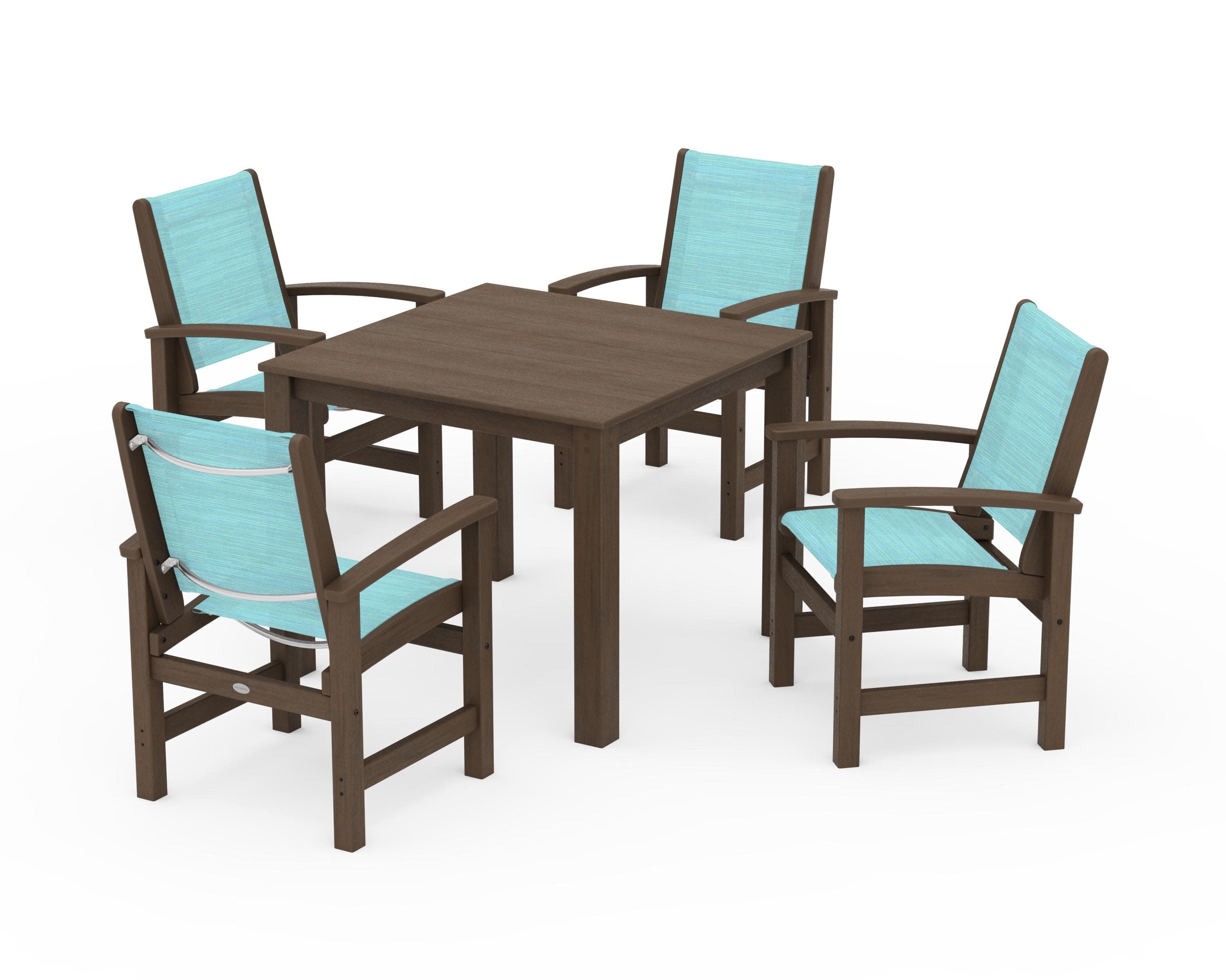 Coastal 5-Piece Parsons Dining Set in Kona / Dupioni Aquamarine Sling
