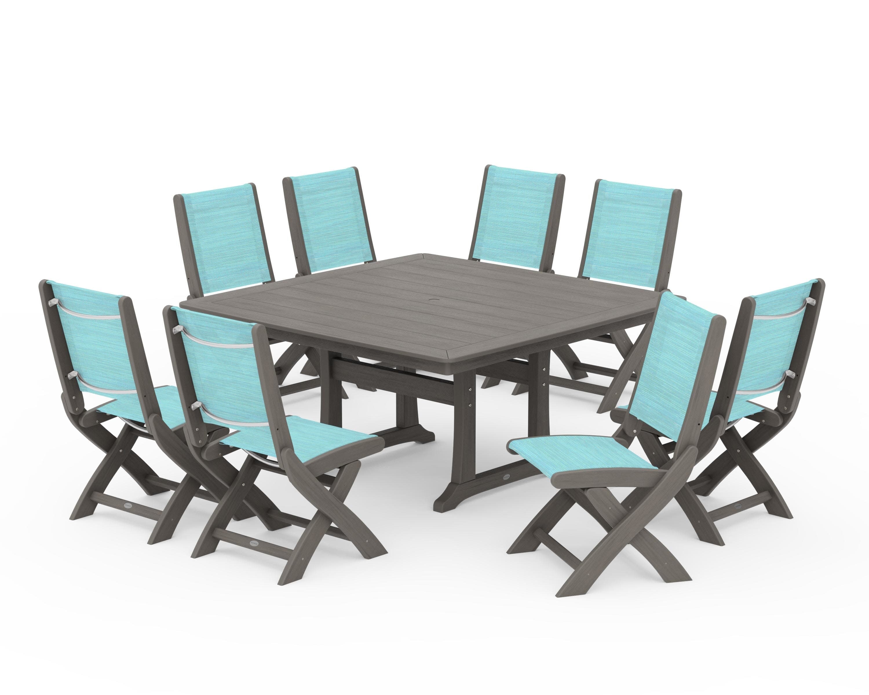 Coastal Folding Side Chair 9-Piece Dining Set with Trestle Legs in Driftwood / Dupioni Aquamarine Sling