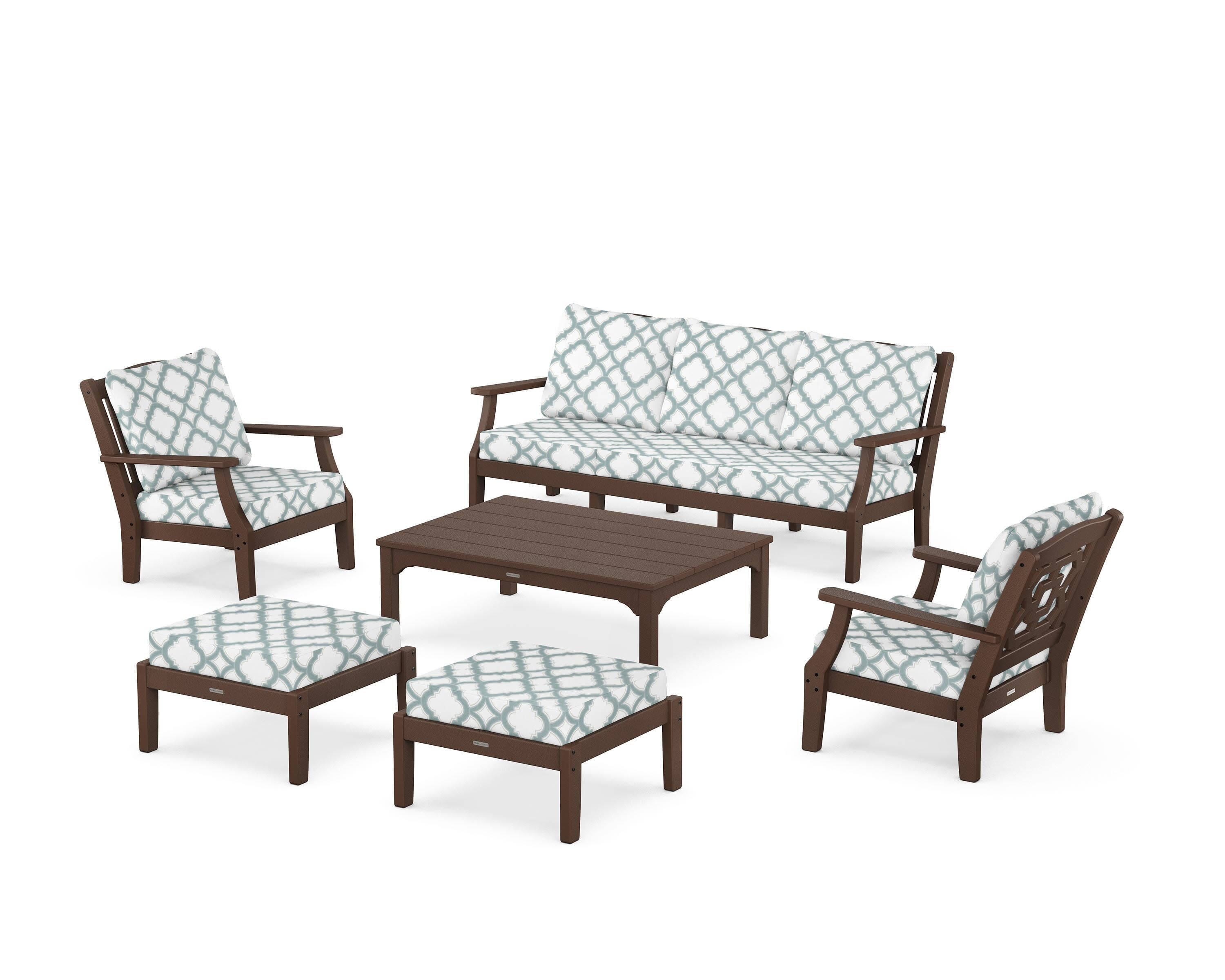 Chinoiserie 6-Piece Lounge Sofa Set in Mahogany / Trellis Glacier Spa