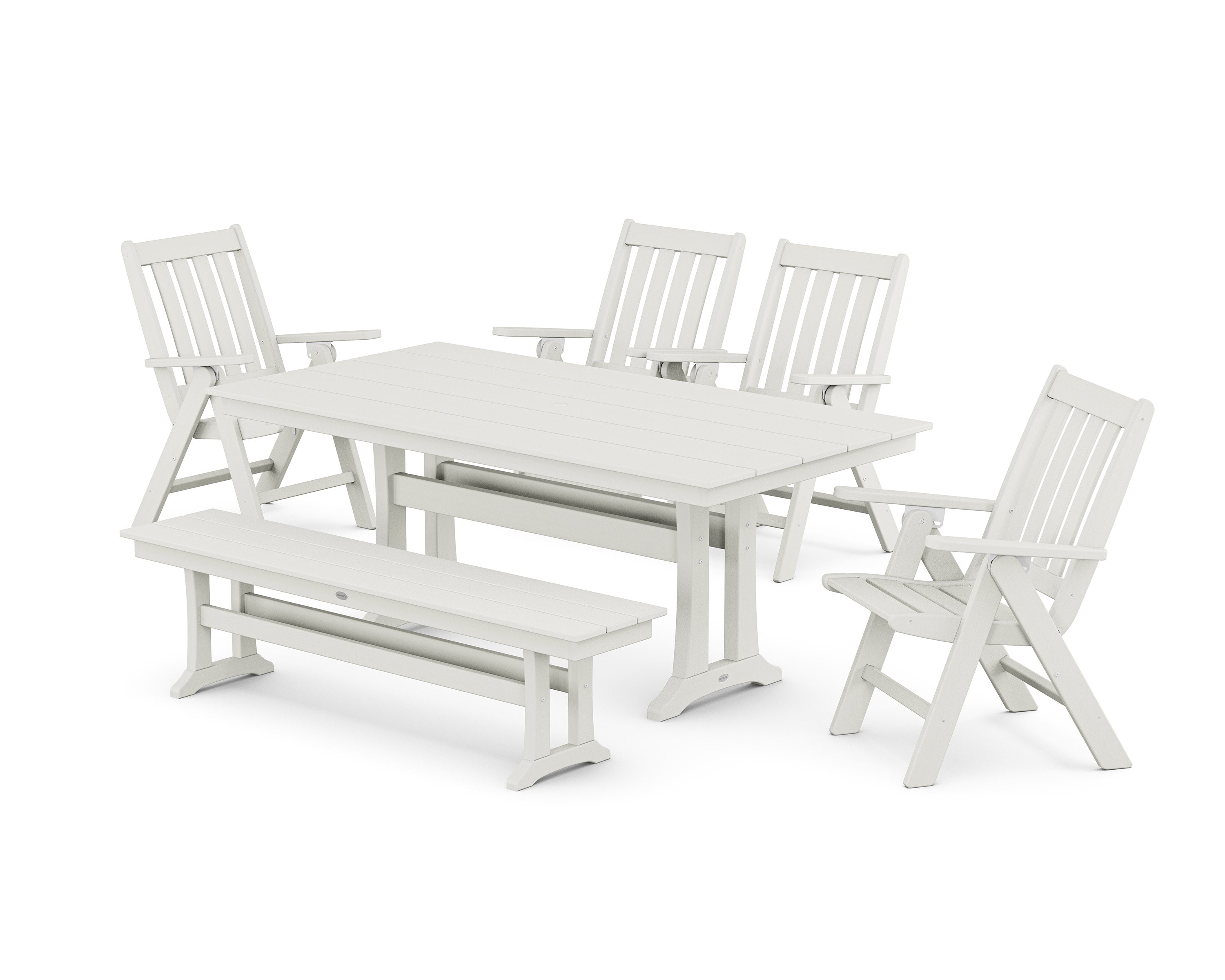 Vineyard 6-Piece Folding Chair Farmhouse Dining Set with Trestle Legs and Bench in Vintage White