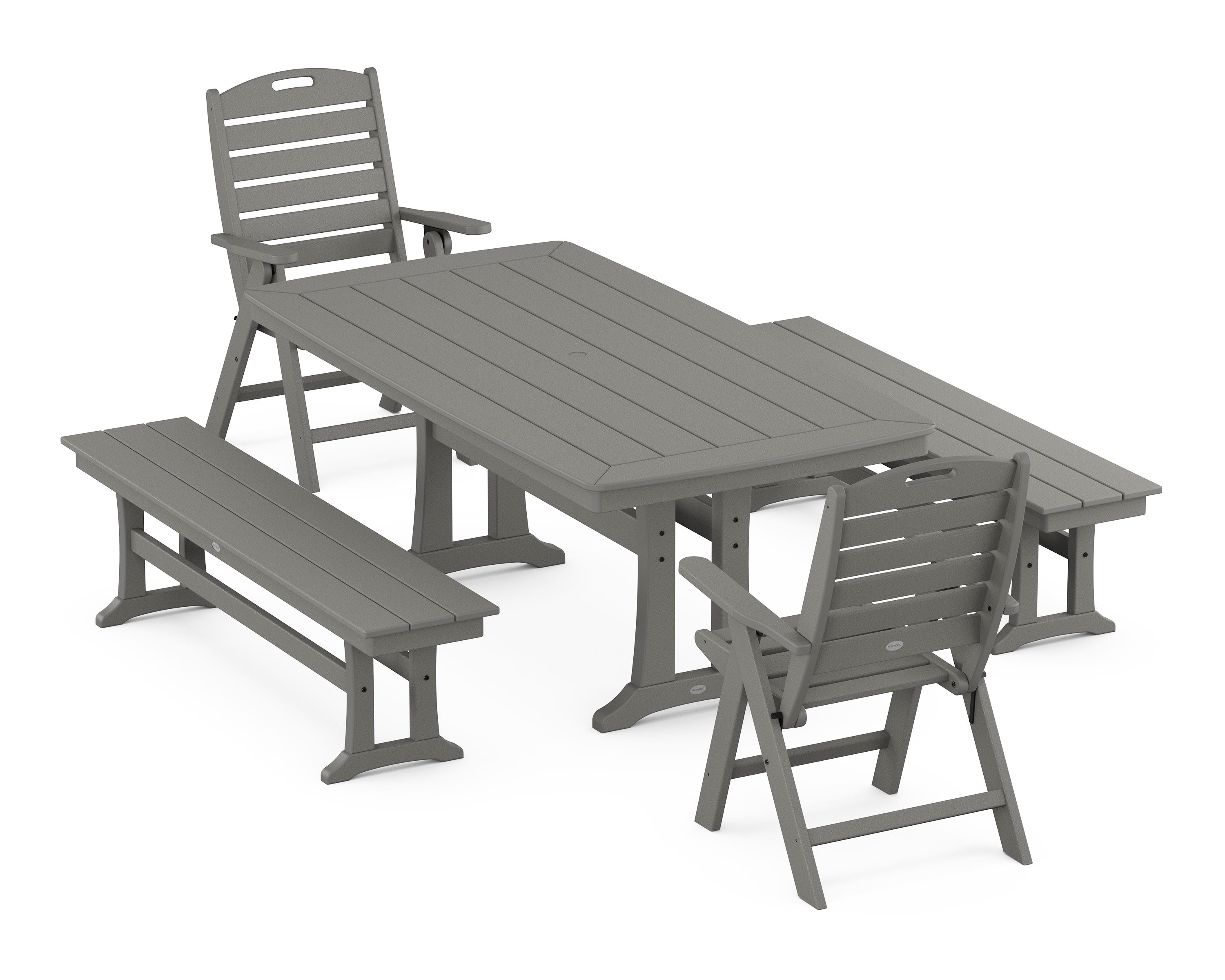 Nautical Folding Highback Chair 5-Piece Dining Set with Trestle Legs and Benches in Slate Grey