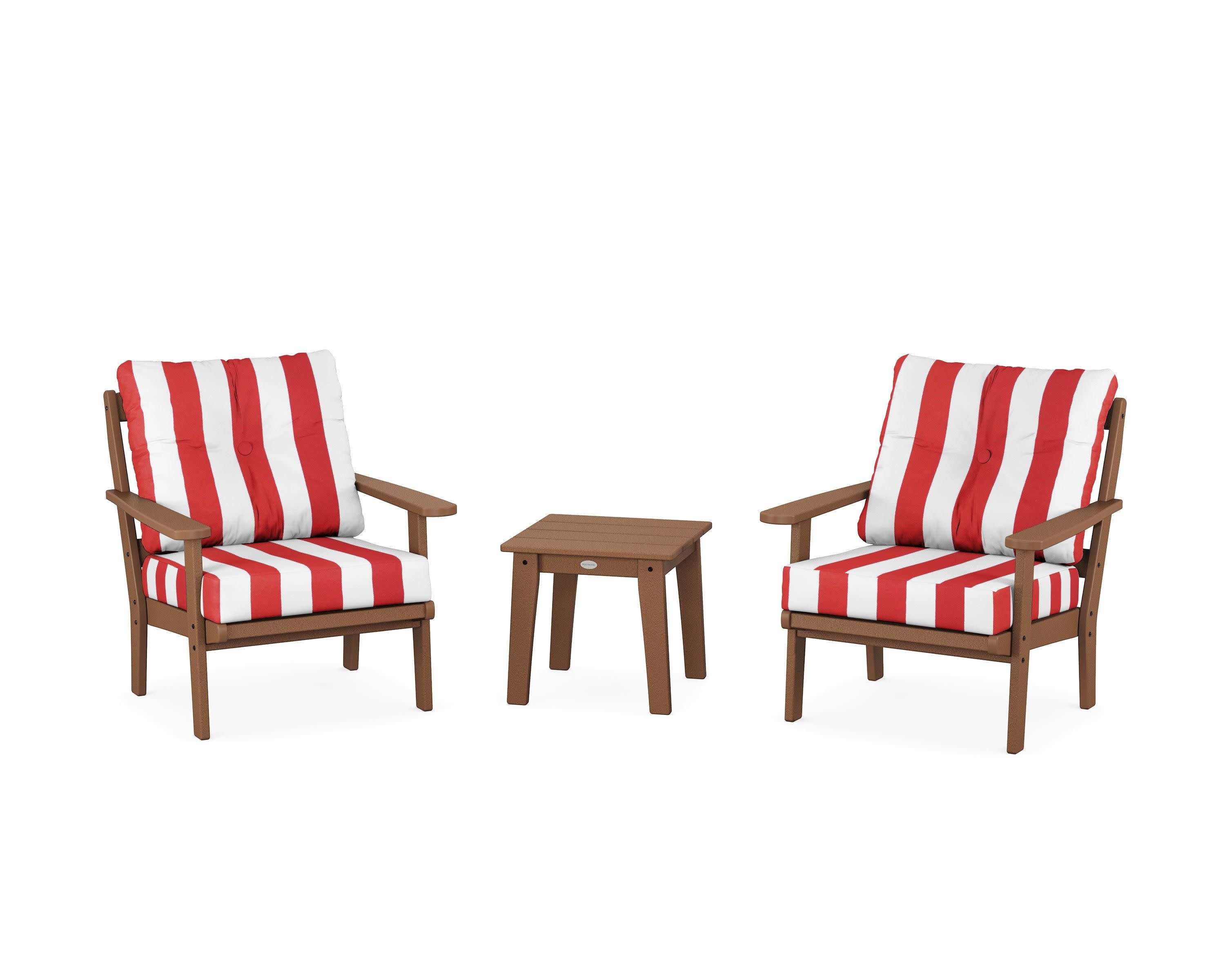 Mission 3-Piece Deep Seating Set in Teak / Cabana Stripe Crimson