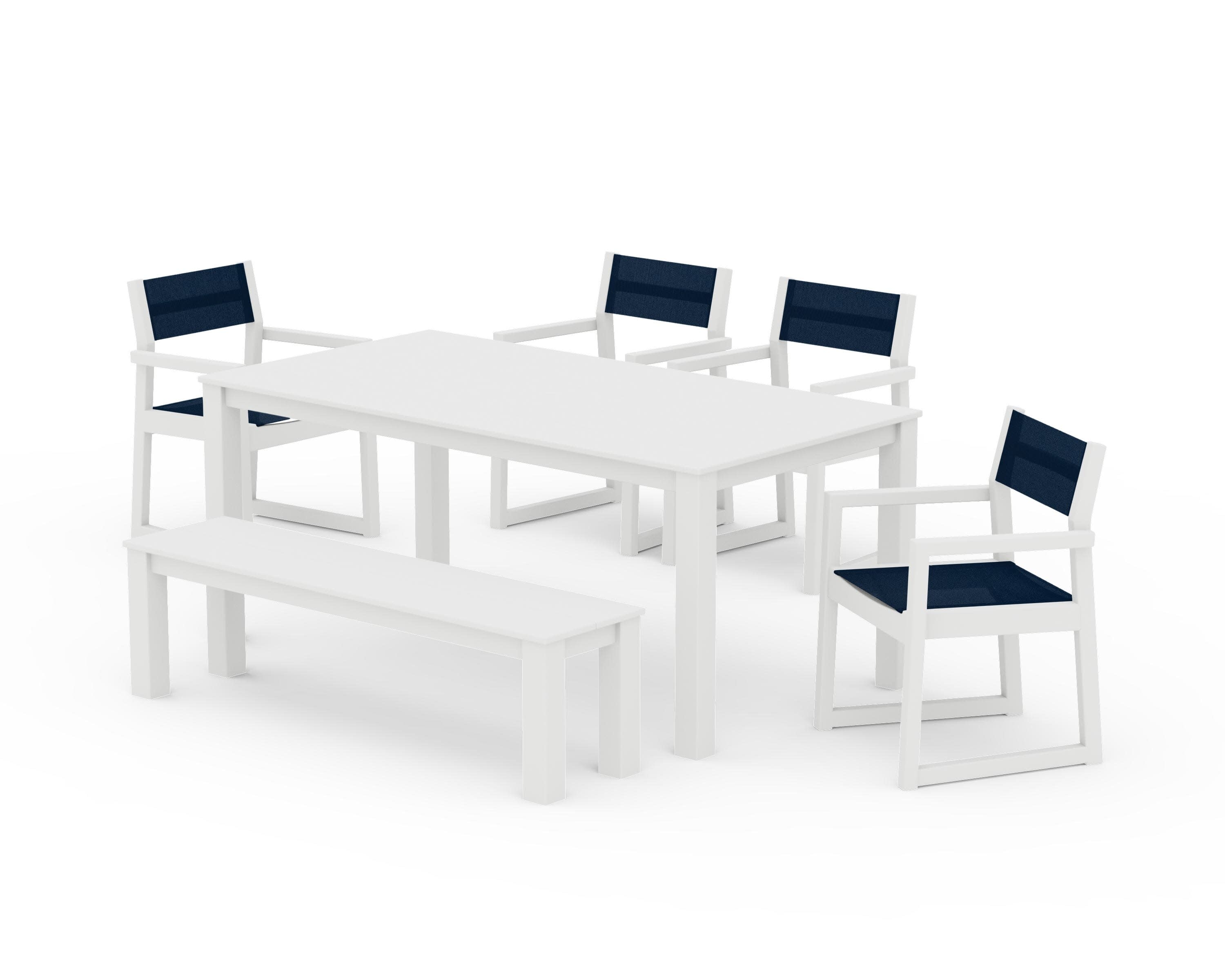 EDGE Sling Arm Chair 6-Piece Parsons Dining Set with Bench in White / Navy Blue Sling