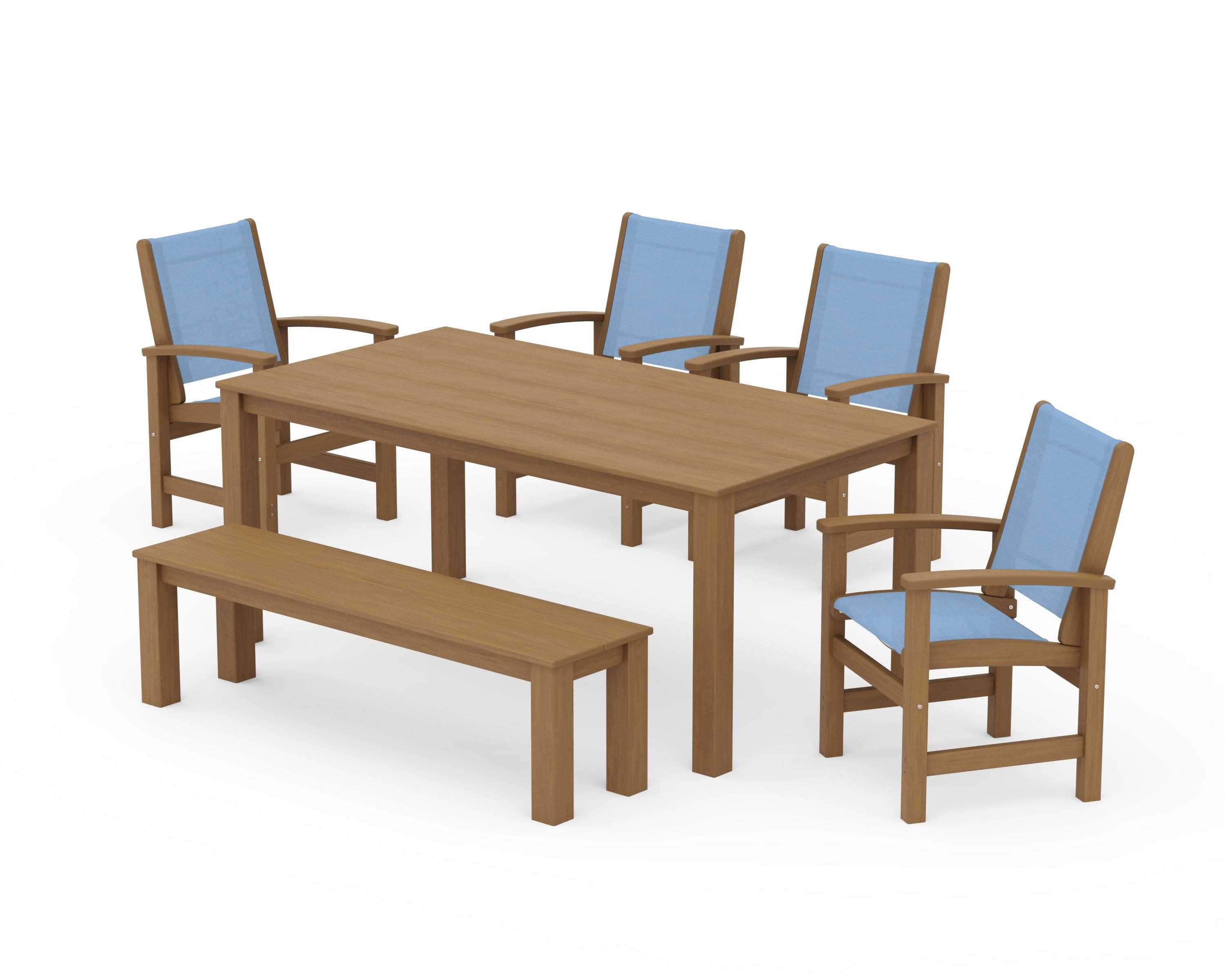 Coastal 6-Piece Parsons Dining Set with Bench in Natural / Poolside Sling