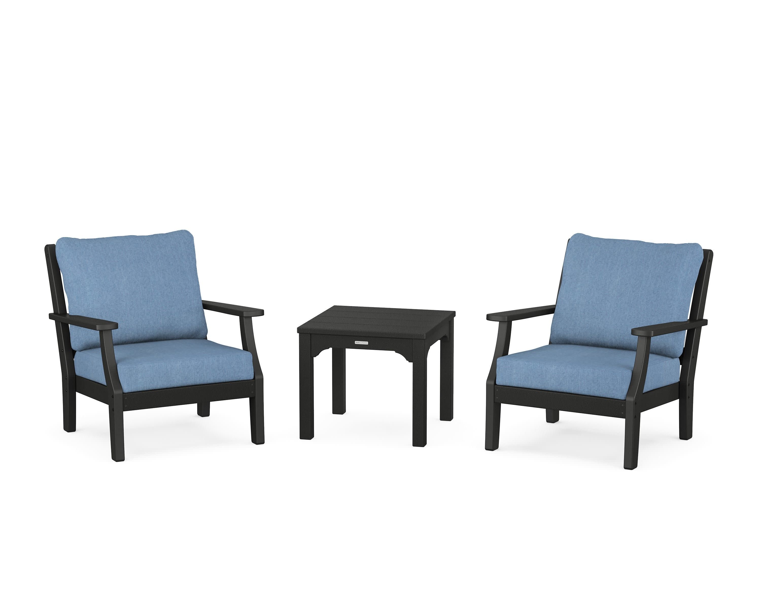 Chinoiserie 3-Piece Deep Seating Set in Black / Sky Blue