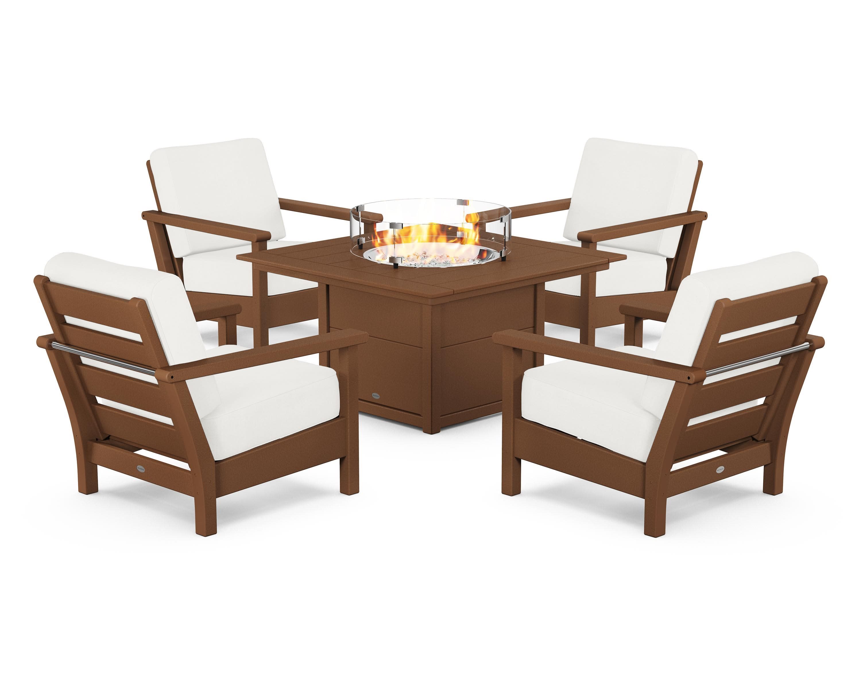 Harbour 5-Piece Conversation Set with Fire Pit Table in Teak / Natural Linen