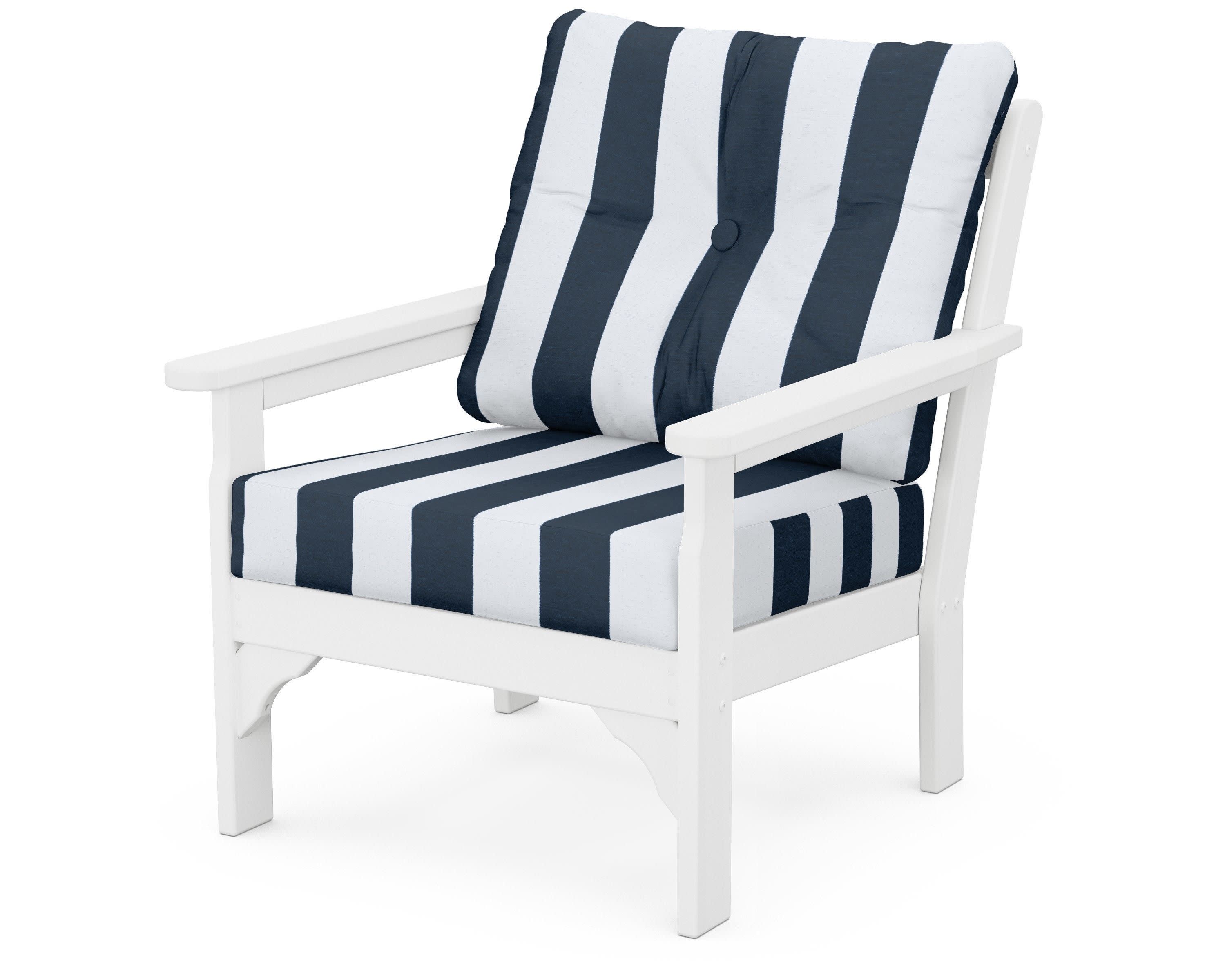 Vineyard Deep Seating Chair in White / Cabana Stripe Marine Indigo