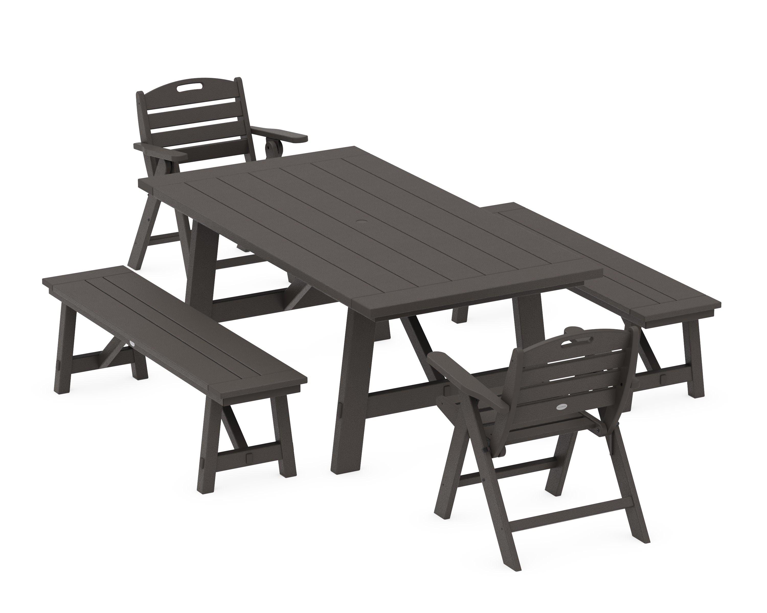 Nautical Folding Lowback Chair 5-Piece Rustic Farmhouse Dining Set With Benches in Vintage Coffee