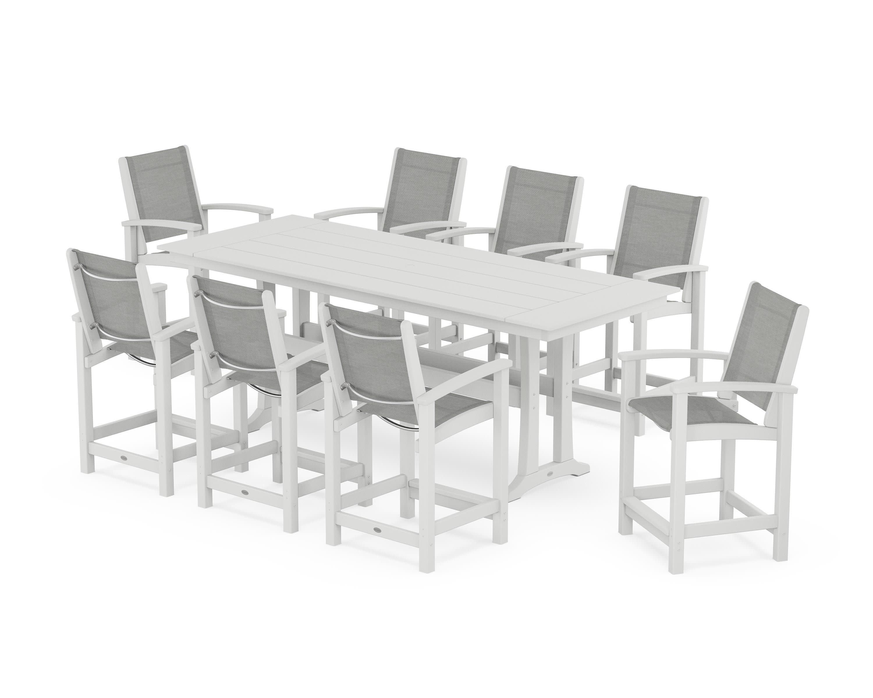 Coastal 9-Piece Farmhouse Counter Set with Trestle Legs in White / Metallic Sling
