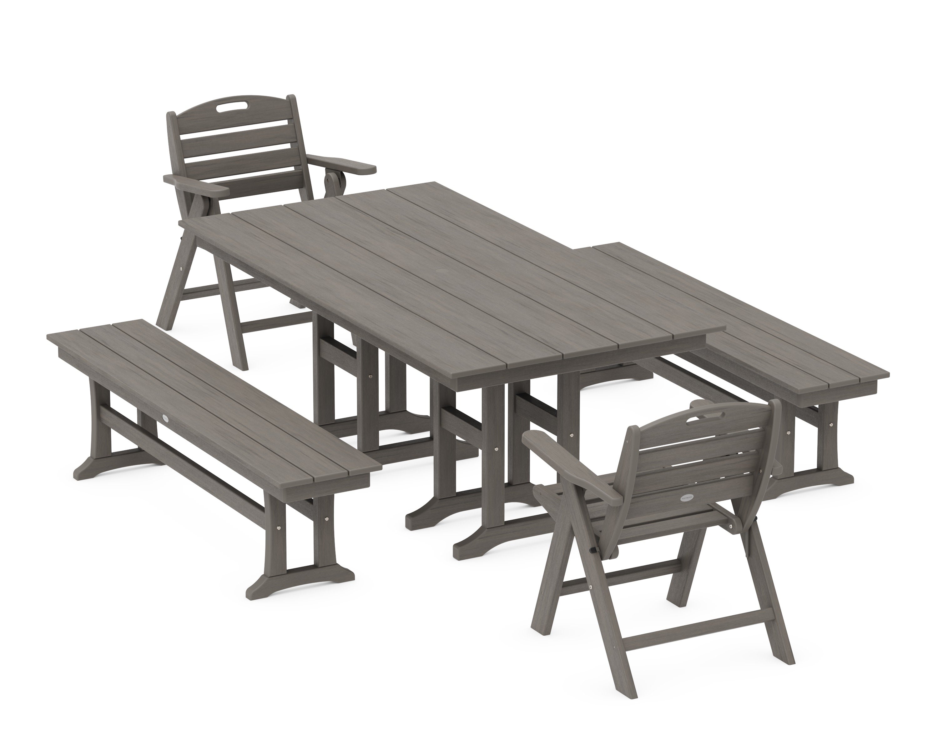 Nautical Lowback 5-Piece Farmhouse Dining Set with Benches in Driftwood
