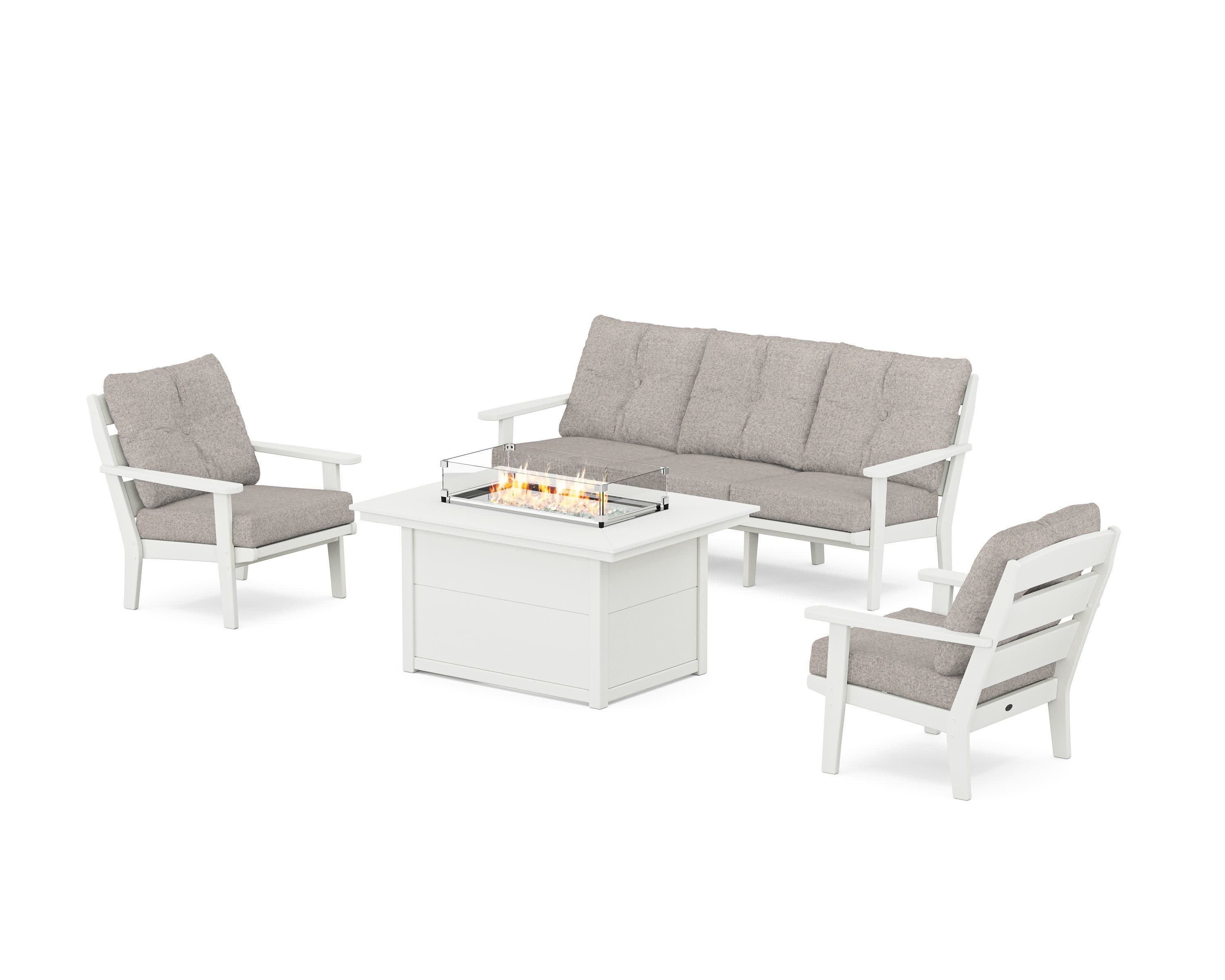 Lakeside Deep Seating Fire Pit Table Set in Vintage White / Weathered Tweed